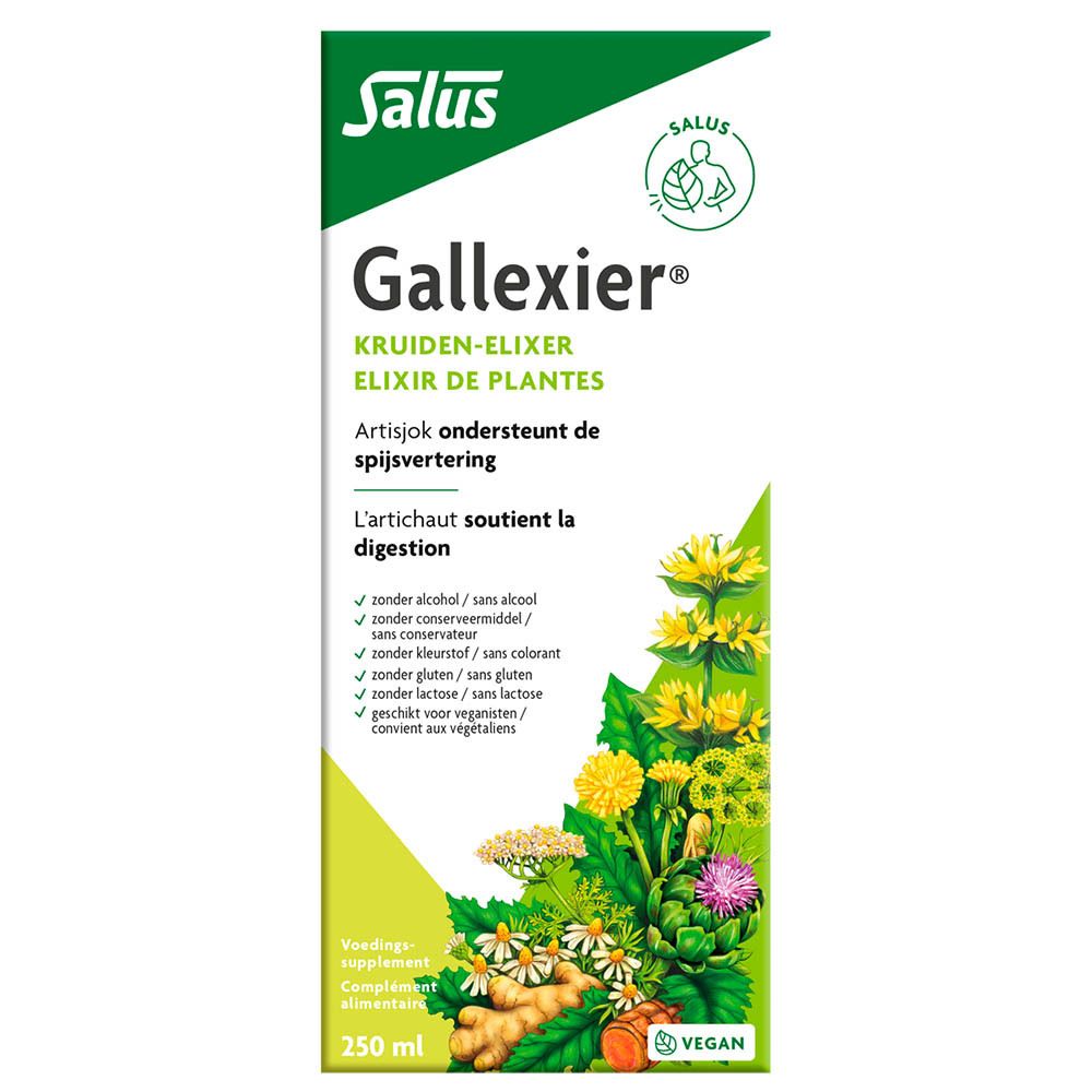 Gele doos Salus met meertalige tekst en kruidenillustraties. Bevat 250 ml. Vegan-logo zichtbaar.