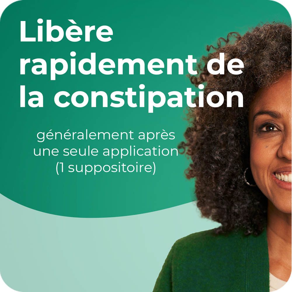 Femme souriante. Texte : Libère rapidement de la constipation.