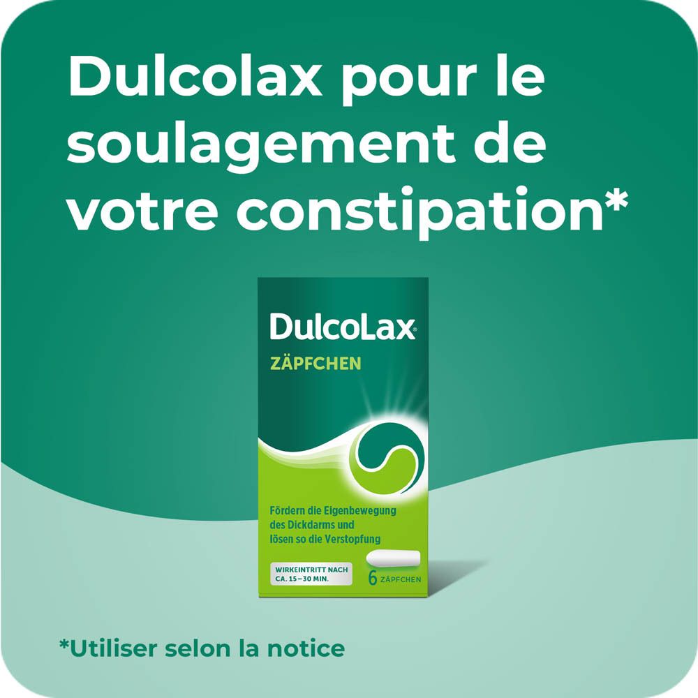 Emballage de suppositoires Dulcolax. Texte et illustration de suppositoires.