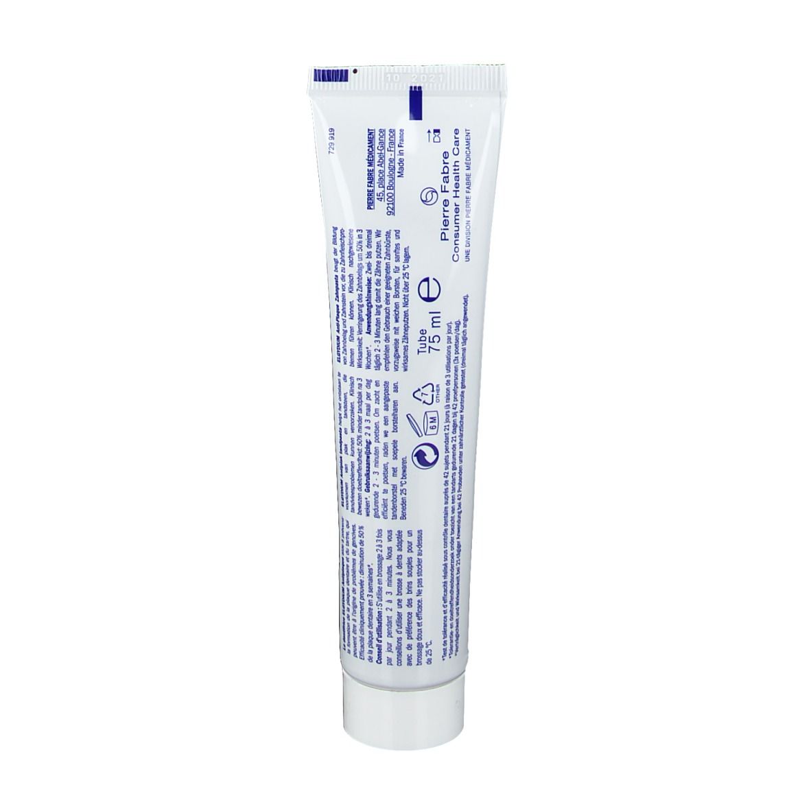 Dos du tube de dentifrice ELGYDIUM. Texte en plusieurs langues. Pierre Fabre Oral Care. 75 ml.
