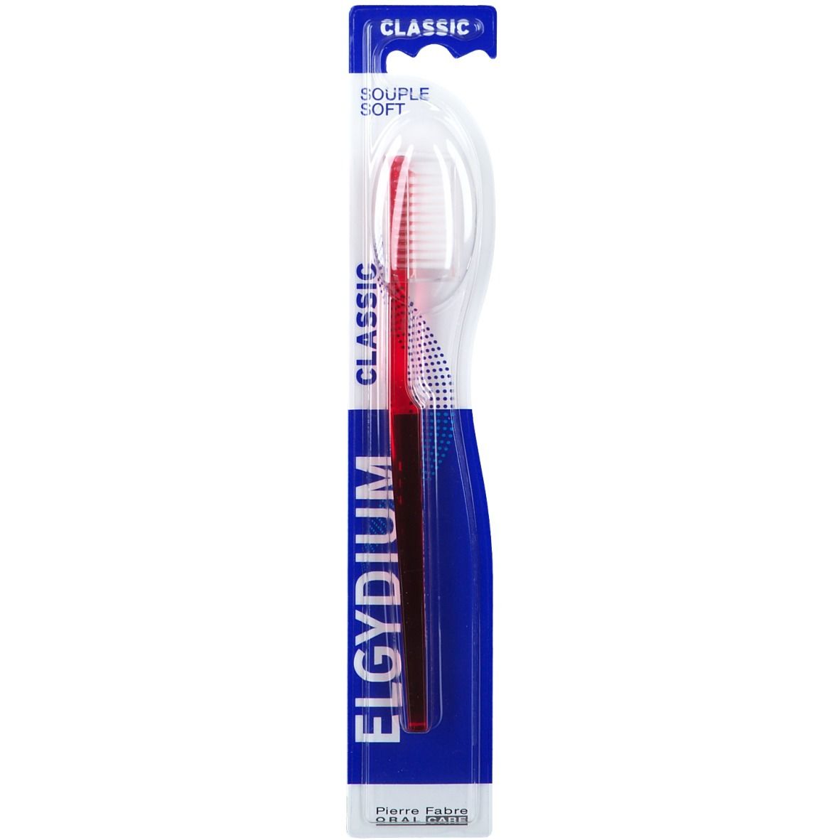 Elgydium Classic Soft tandenborstel in rood en wit, verpakt.