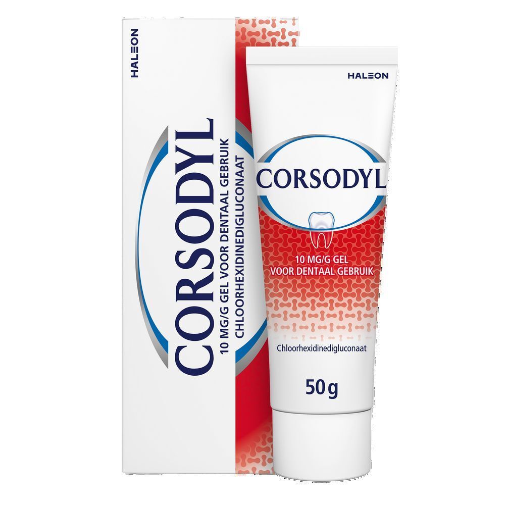 Corsodyl Gel dentaire, tube en verpakking. Logo, 10 mg/g, chloorhexidinedigluconaat, 50g.