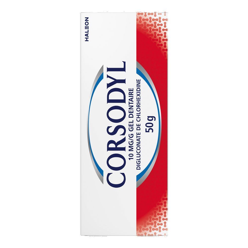Emballage Corsodyl Gel dentaire. Logo, 50g, digluconate de chlorhexidine.