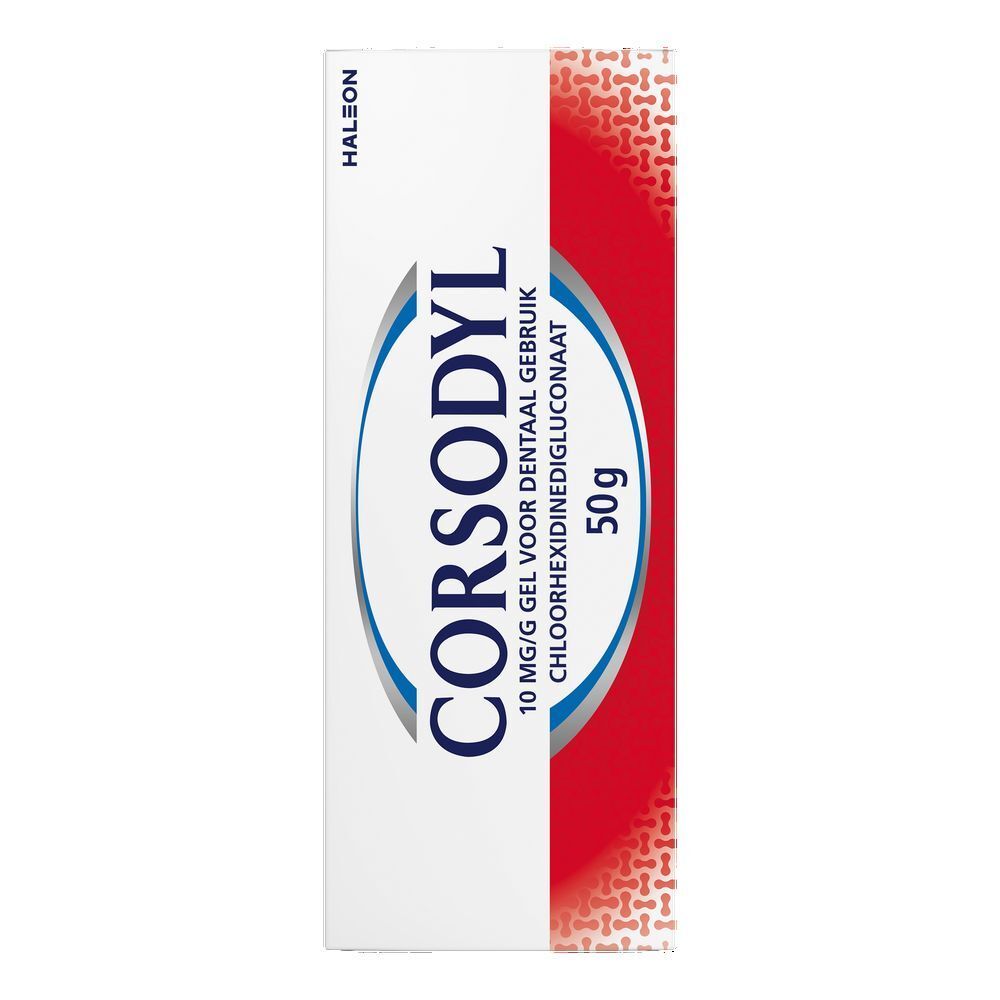 Corsodyl Gel dentaire verpakking. Logo, 50g, chloorhexidinedigluconaat.