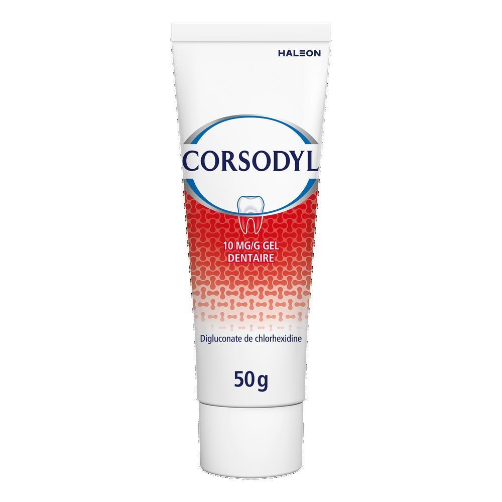 Tube Corsodyl Gel dentaire. Logo, 10 mg/g, 50g, digluconate de chlorhexidine.