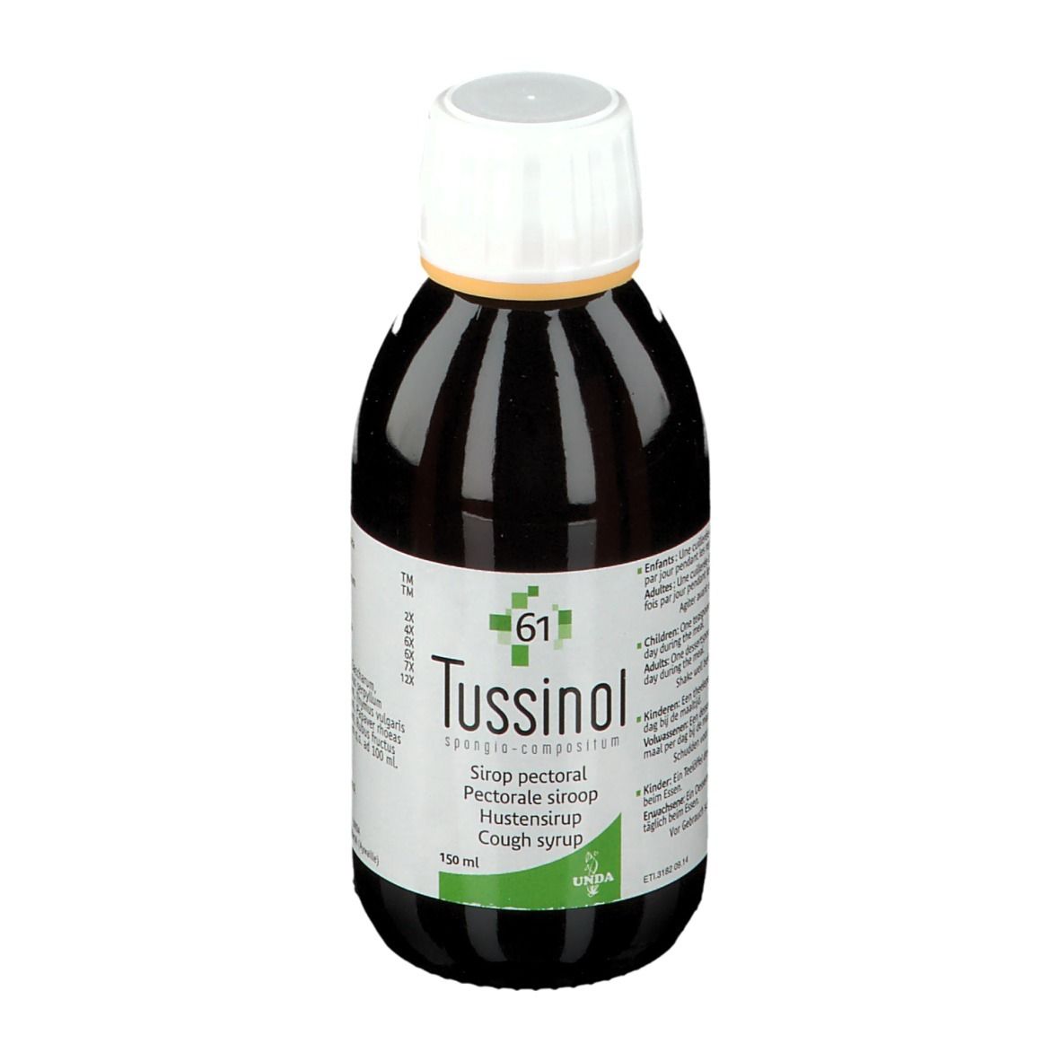 Bruine fles met witte dop. Opschrift: Tussinol, hoestsiroop. Groen-witte etiketten. 150 ml.