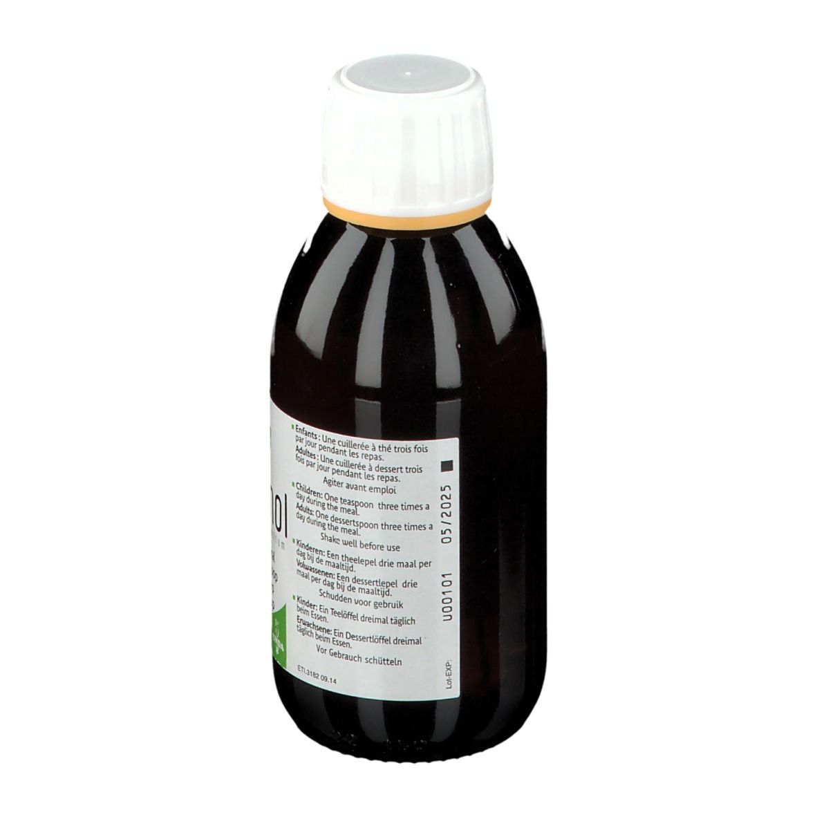 Bruine fles met witte dop. Etiket met doseerinstructies. 150 ml.