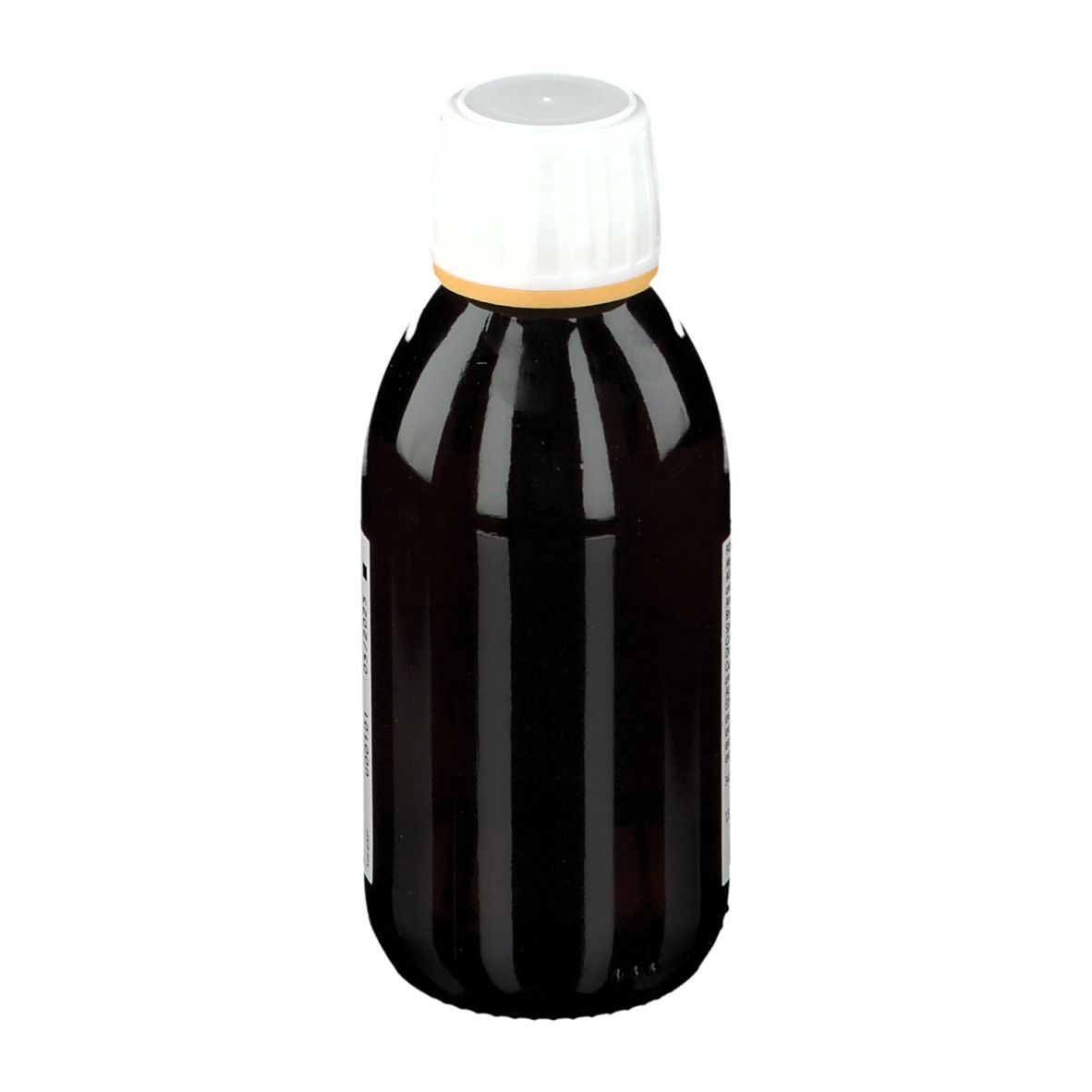 Bruine fles met witte dop. Etiket met productinformatie. 150 ml.
