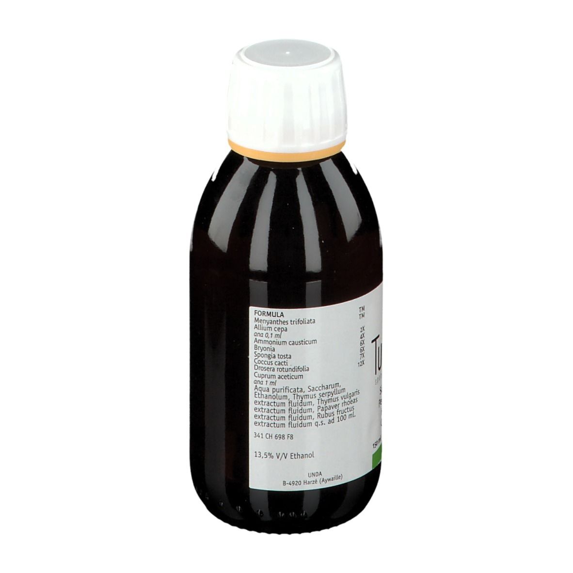Bruine fles met witte dop. Etiket met ingrediënten. 150 ml.