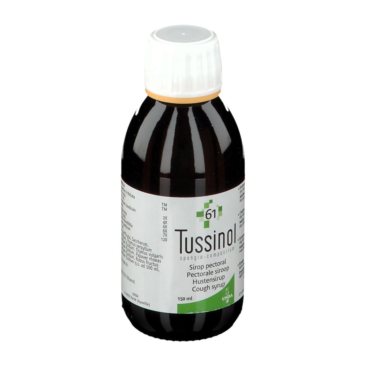 Bruine fles met witte dop. Opschrift: Tussinol, hoestsiroop. Groen-witte etiketten. 150 ml.