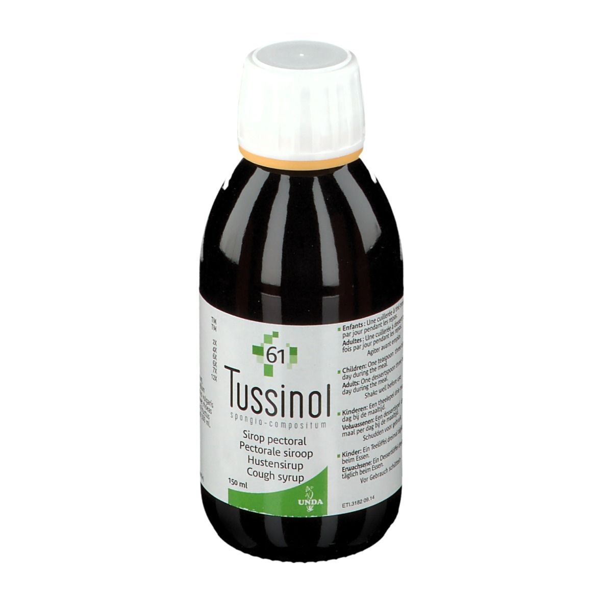 Bruine fles met witte dop. Opschrift: Tussinol, hoestsiroop. Groen-witte etiketten. 150 ml.