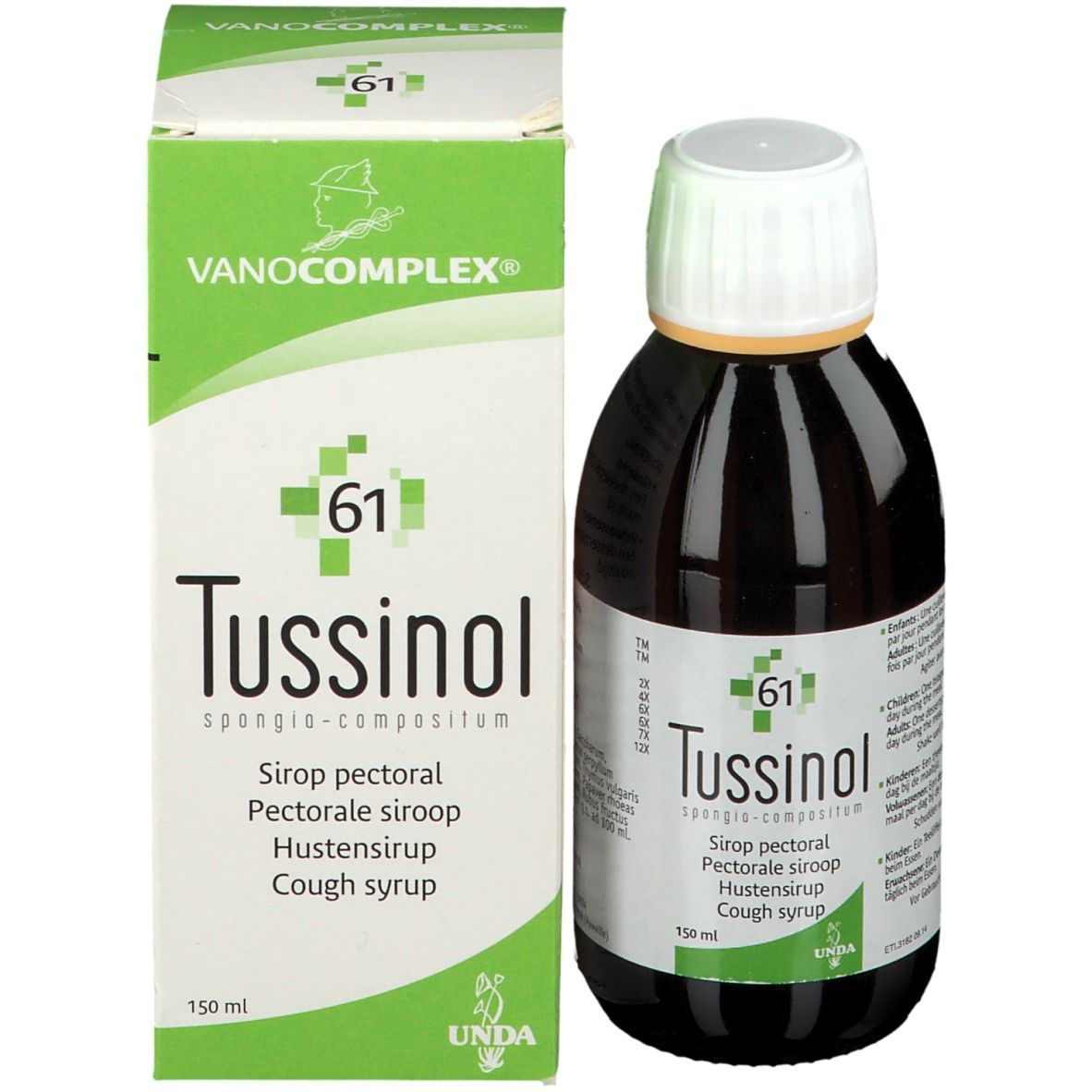 Fles en doos. Fles: bruin, witte dop, etiket. Doos: groen-wit, opschrift: Vanocomplex, Tussinol. 150 ml.