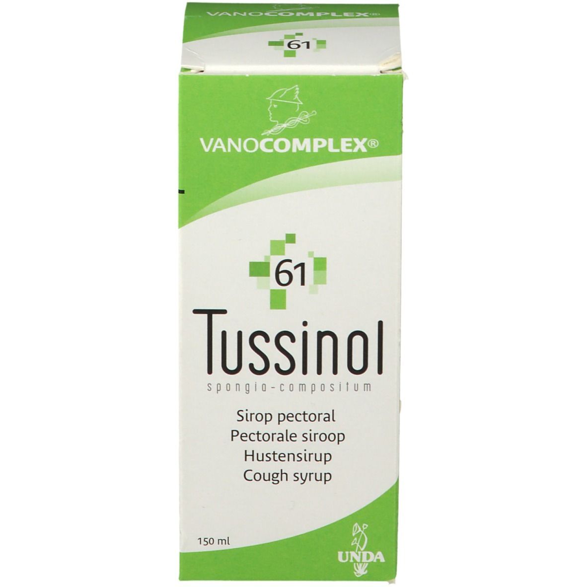 Groen-witte doos. Opschrift: Vanocomplex, Tussinol, hoestsiroop. 150 ml.