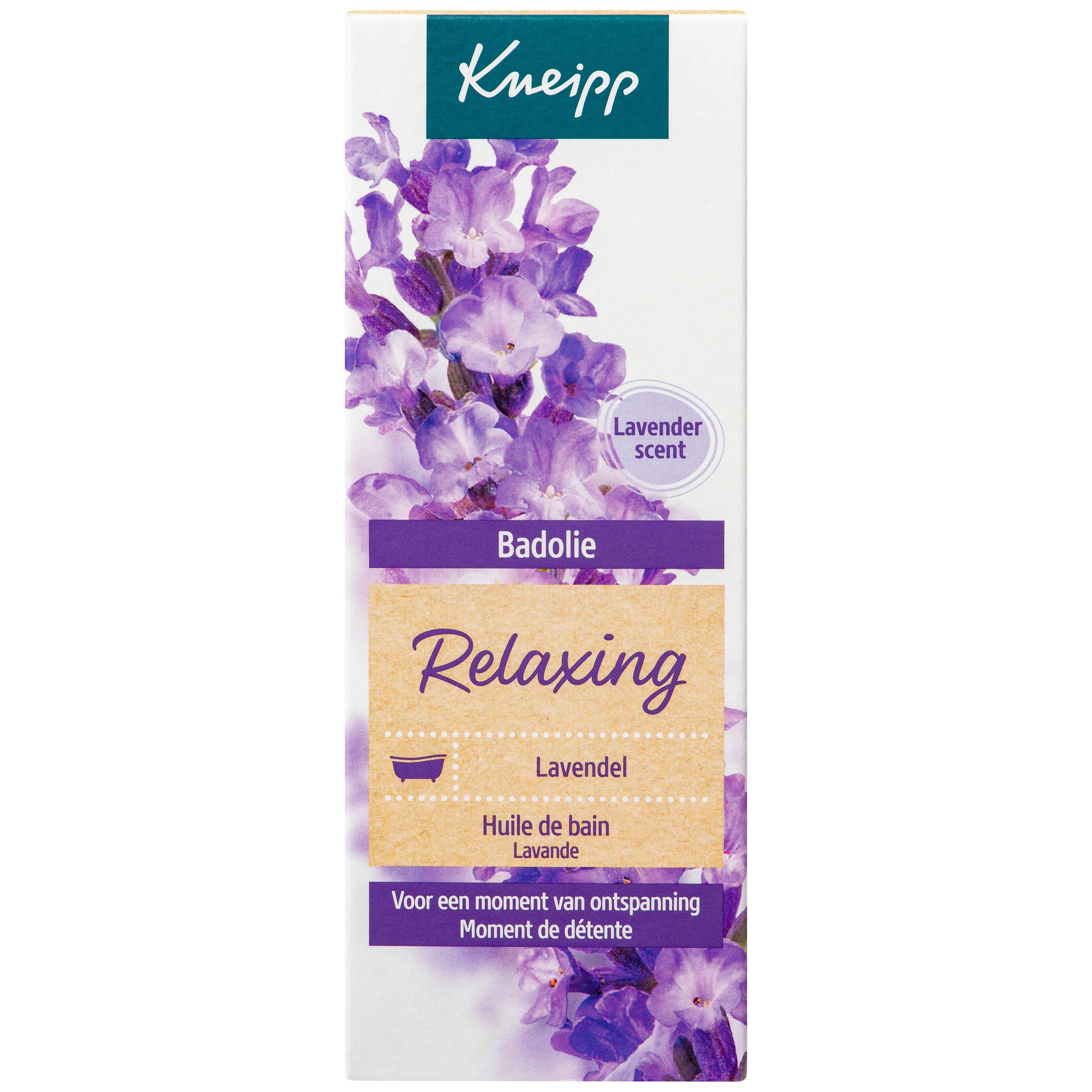 Fles blauwe badolie met groene dop. Opschrift: Kneipp, Badolie Relaxing Lavendel.