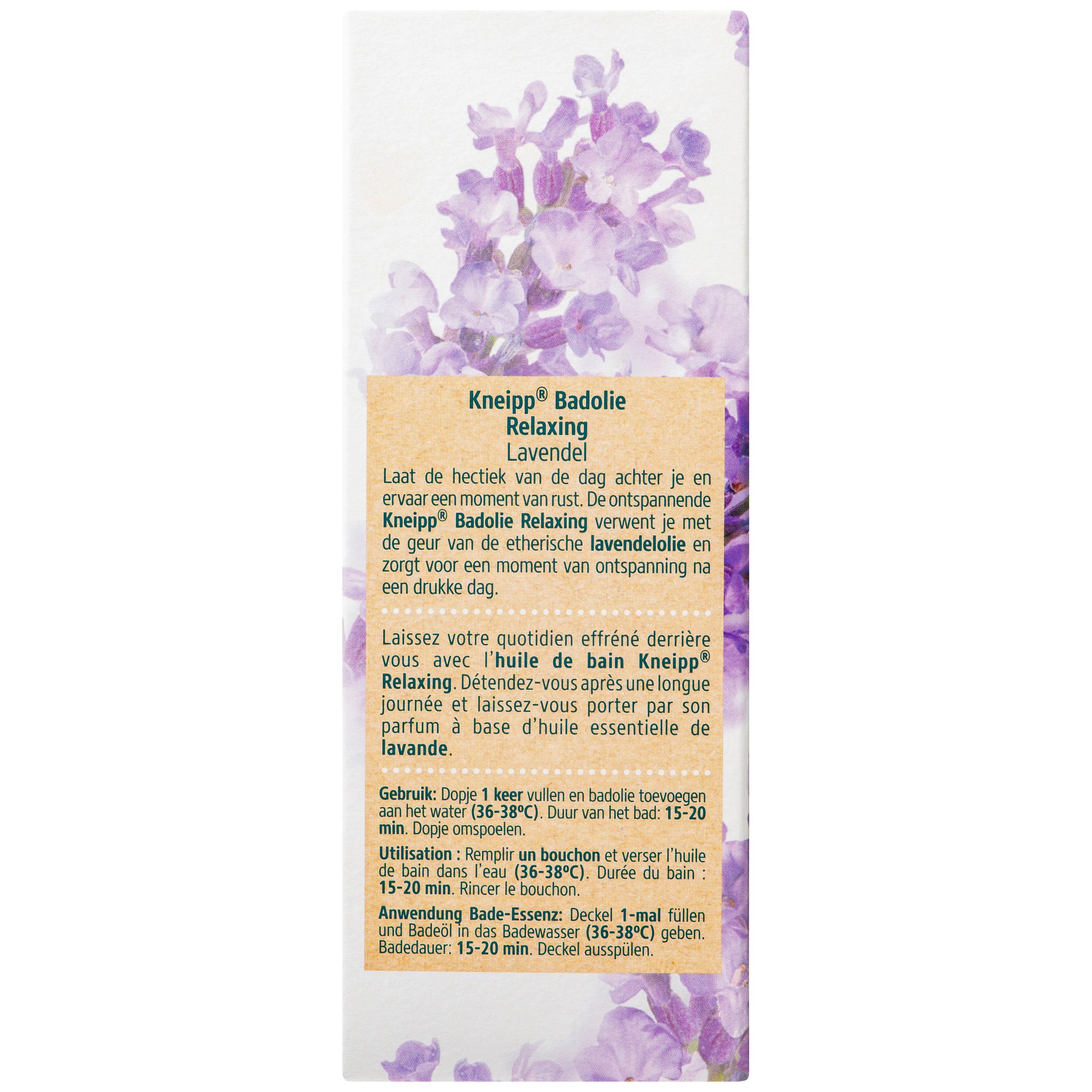 Flacon d'huile de bain bleue et bouchon vert. Inscription: Kneipp, Badolie Relaxing Lavande.