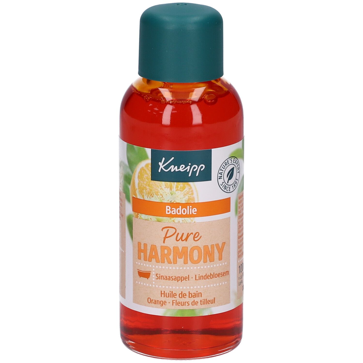 Kneipp badolie fles. Oranje olie met groene dop. Opschrift: Pure Harmony, Badolie, Orange, Lindebloesem.