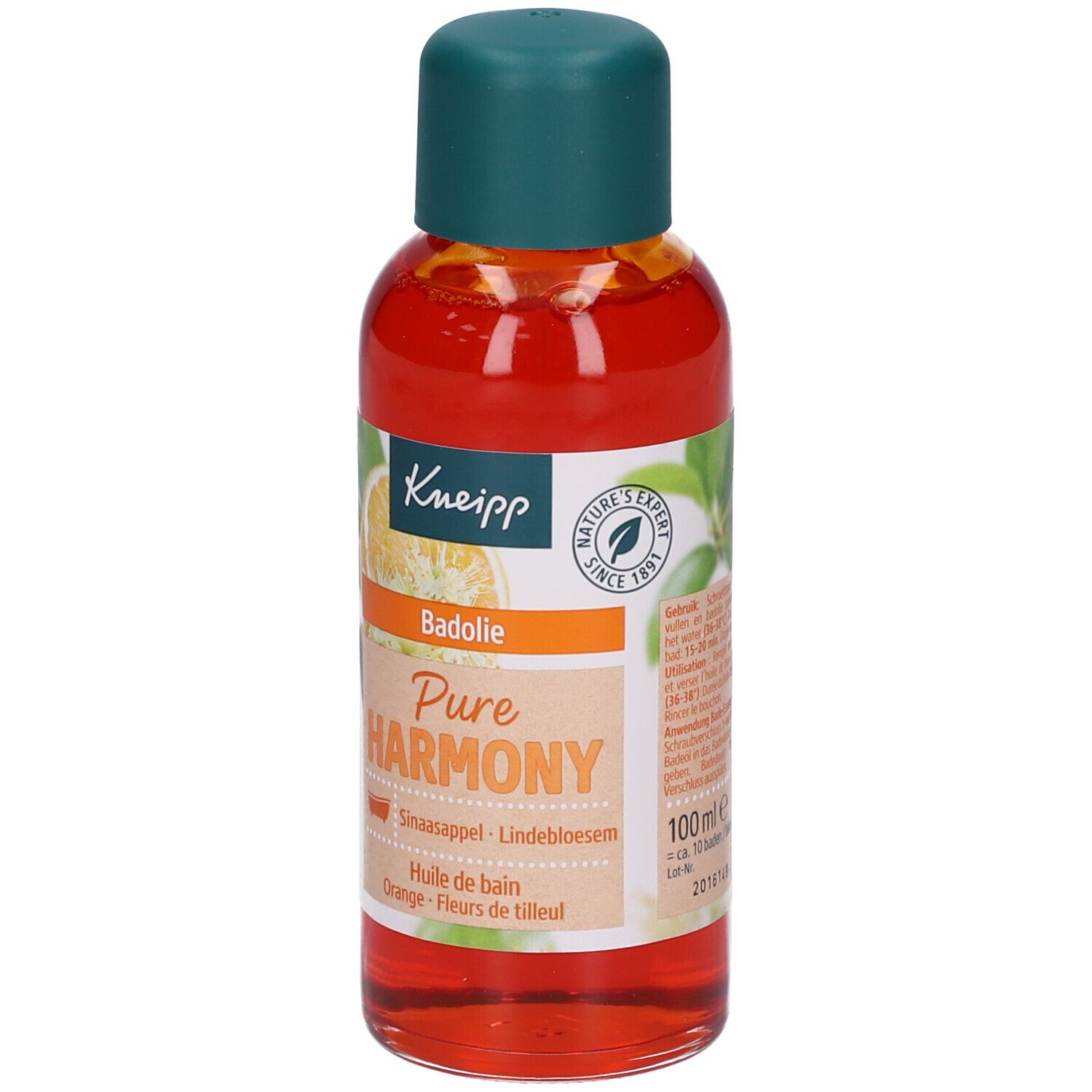 Kneipp badoliefles. Oranje olie met groene dop. Opschrift: Kneipp, Pure Harmony, Badolie, Orange, Lindebloesem, 100 ml.