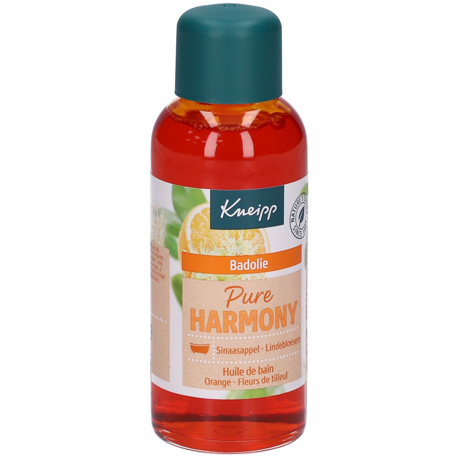 Kneipp badoliefles. Oranje olie met groene dop. Opschrift: Kneipp, Pure Harmony, Badolie, Orange, Lindebloesem, 100 ml.
