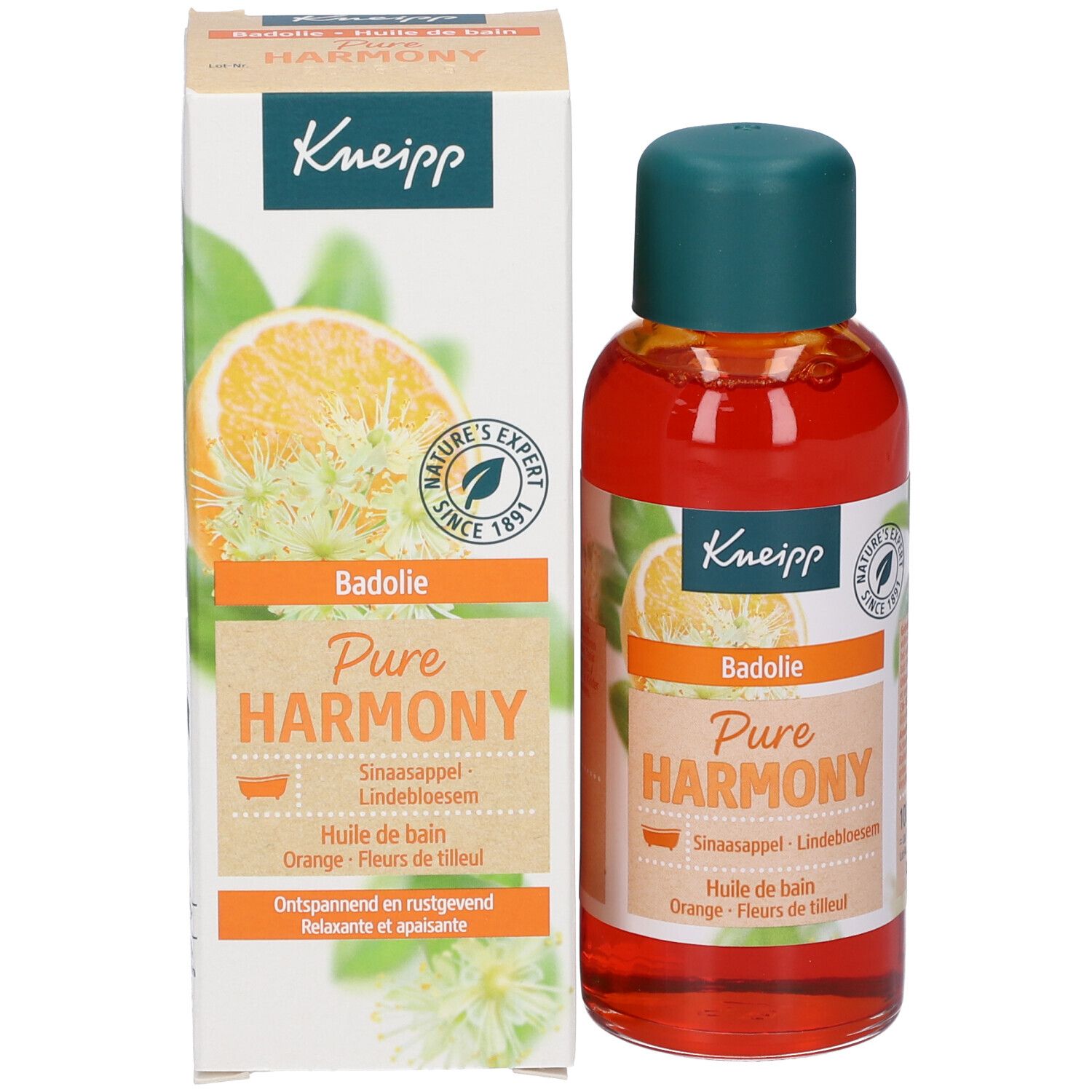Kneipp badoliefles en verpakking. Oranje olie met groene dop. Opschrift: Kneipp, Pure Harmony, Badolie, Orange, Lindebloesem.
