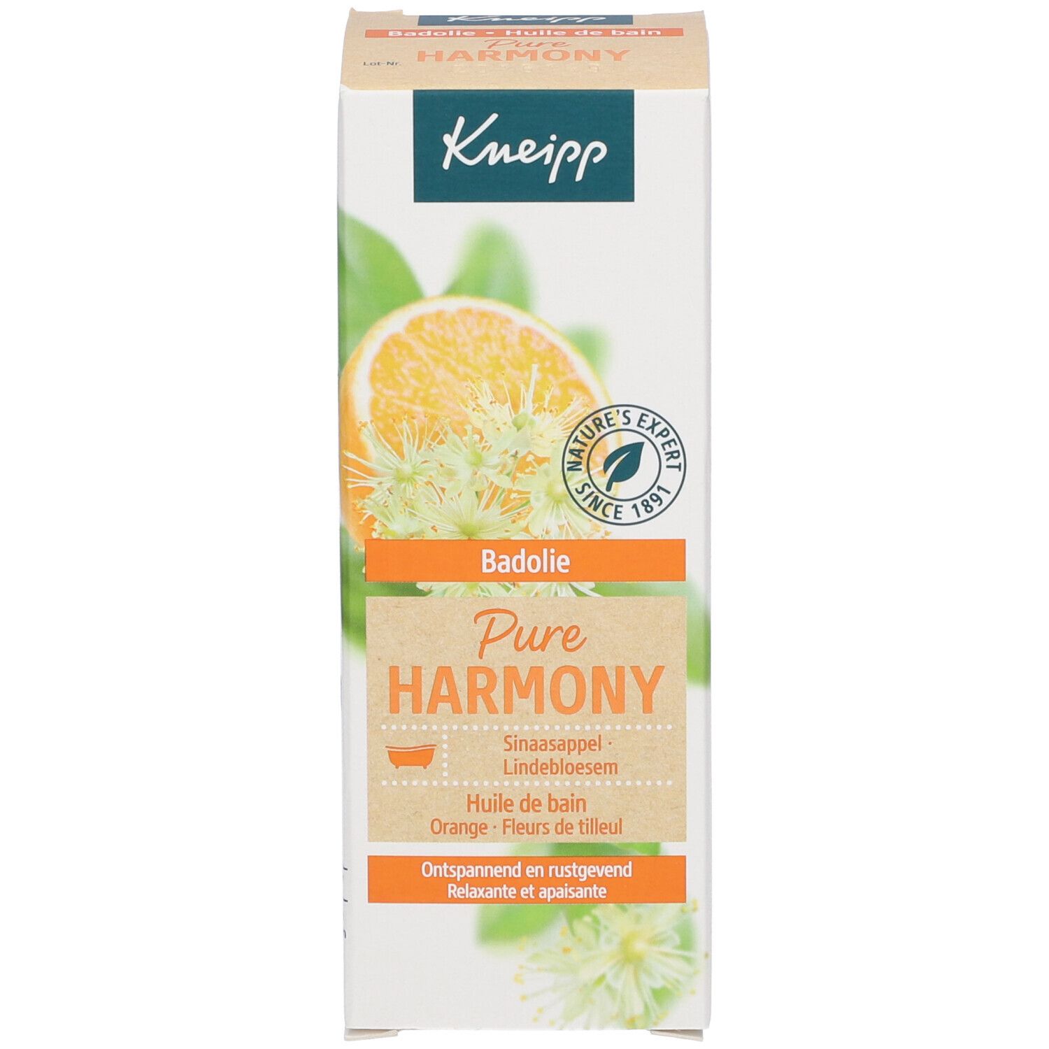 Kneipp badolie verpakking. Opschrift: Kneipp, Pure Harmony, Badolie, Orange, Lindebloesem. Oranje en groene elementen.