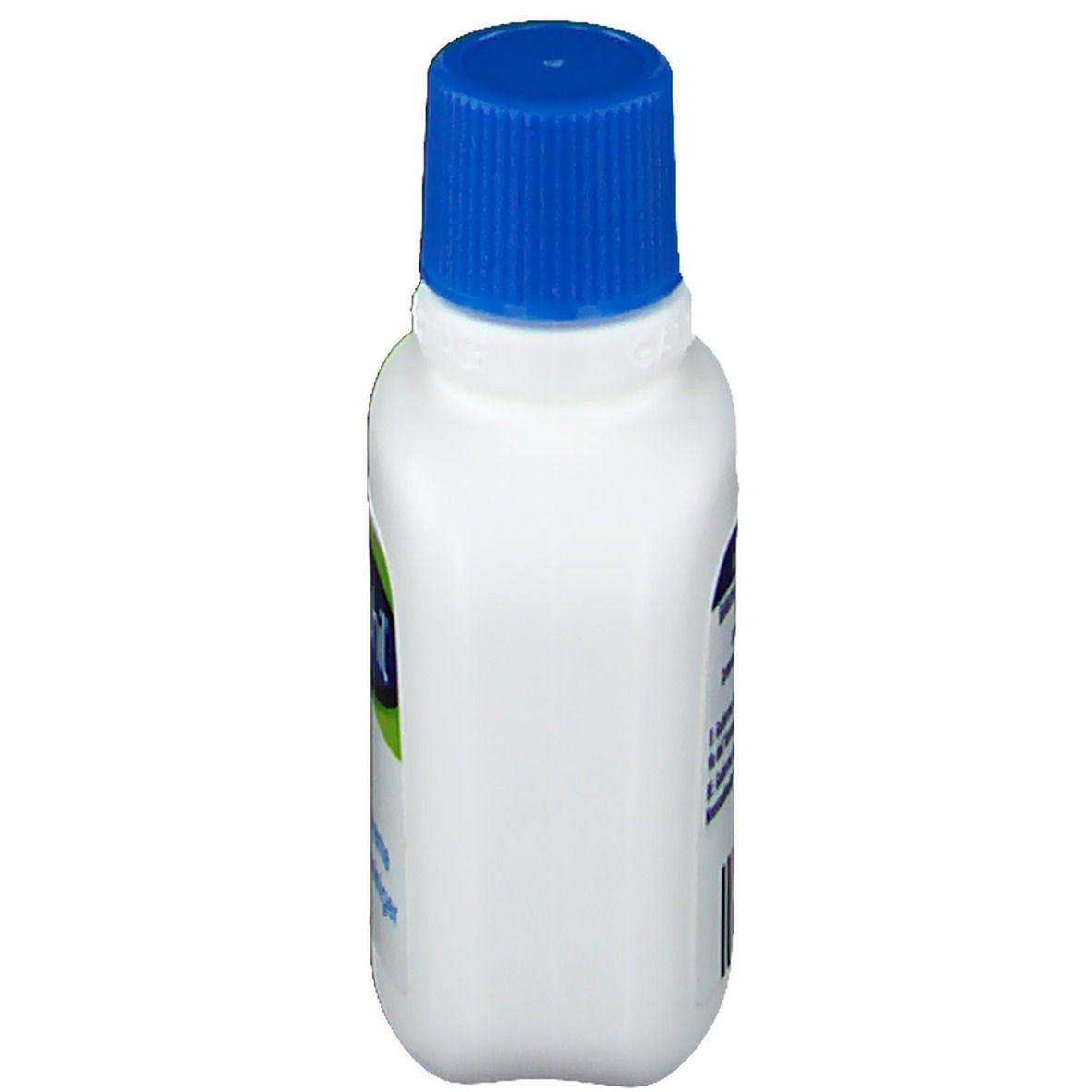 Flacon blanc avec bouchon bleu, vue latérale. Aucun autre détail visible.