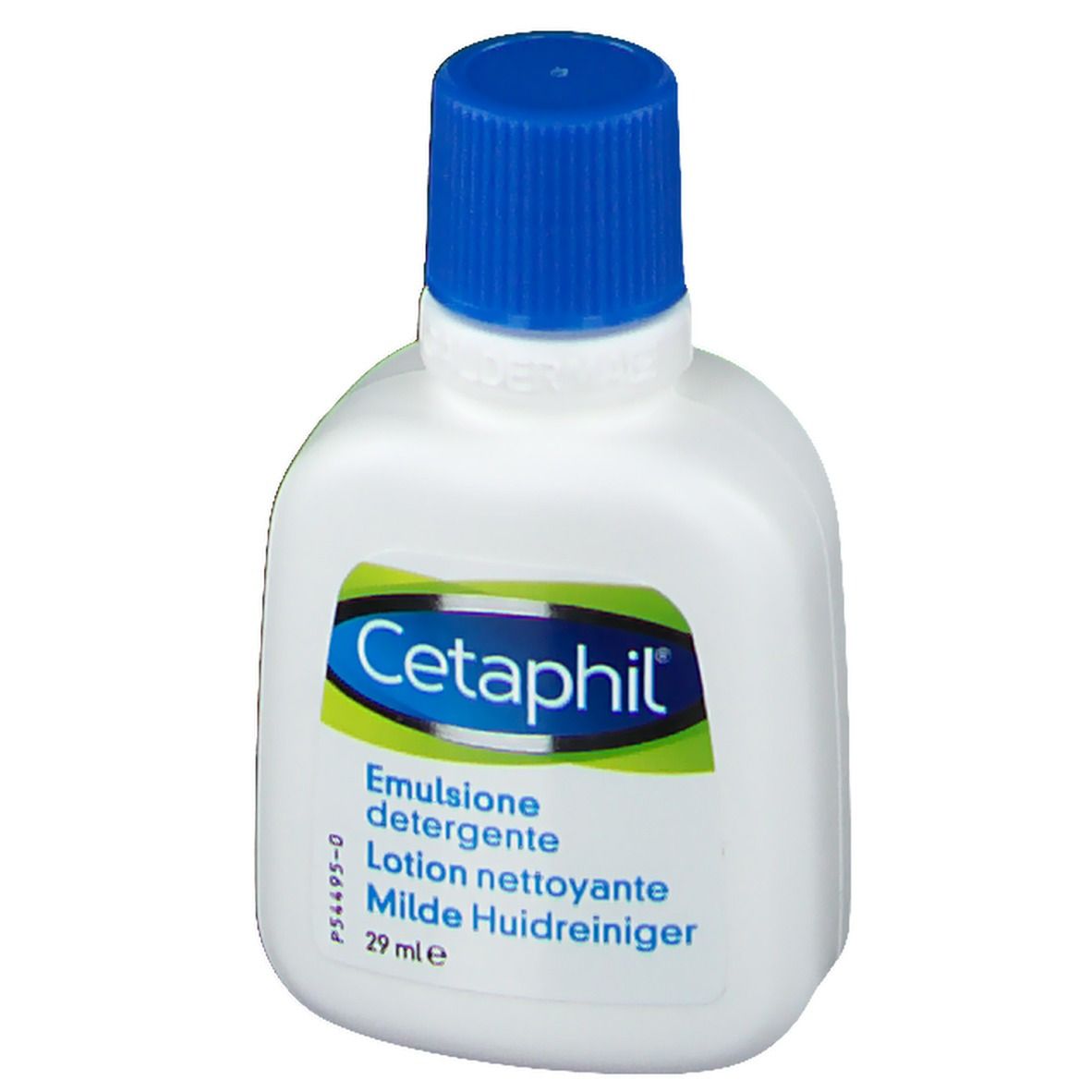 Flacon blanc avec bouchon bleu. Inscription Cetaphil, Emulsione detergente, Lotion nettoyante, Milde Huidreiniger. 29 ml.