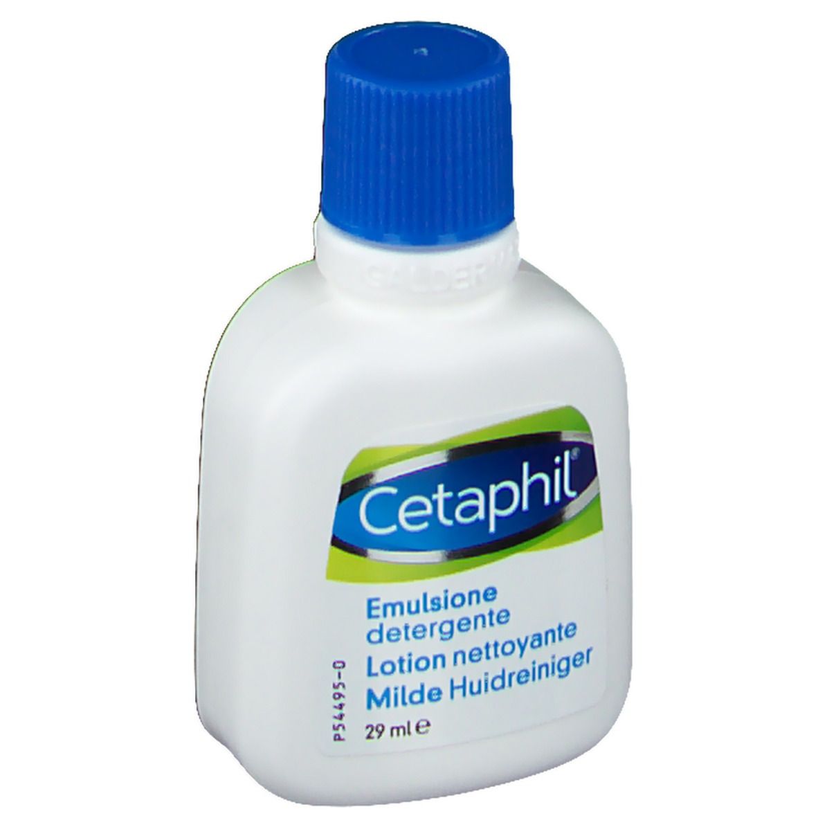Flacon blanc avec bouchon bleu. Inscription Cetaphil, Emulsione detergente, Lotion nettoyante, Milde Huidreiniger. 29 ml.