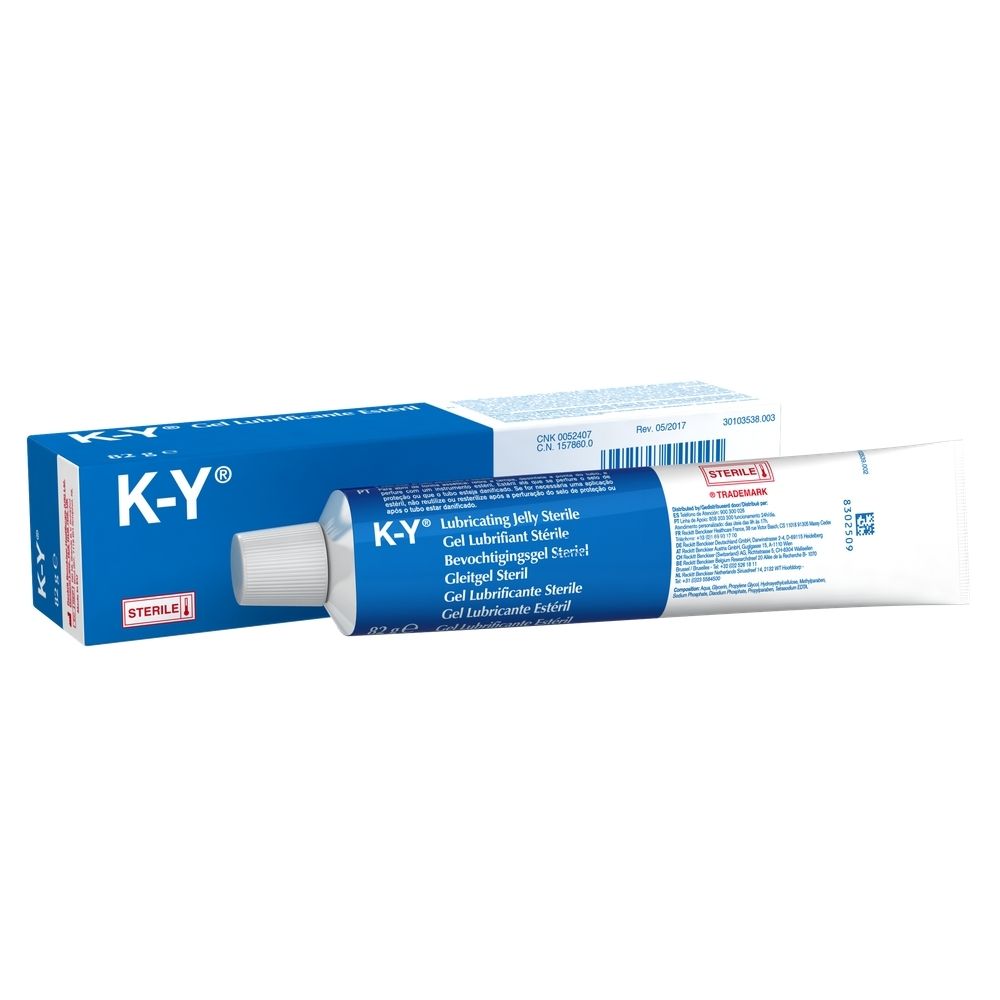 Blauwe en witte tube en doos. Op de tube staat "K-Y® Lubricating jelly Sterile". De doos toont ook de merknaam.