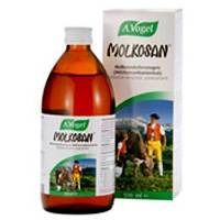 Bruine glazen fles en kartonnen doos met "Molkosan" label. A. Vogel logo en afbeelding van personen.