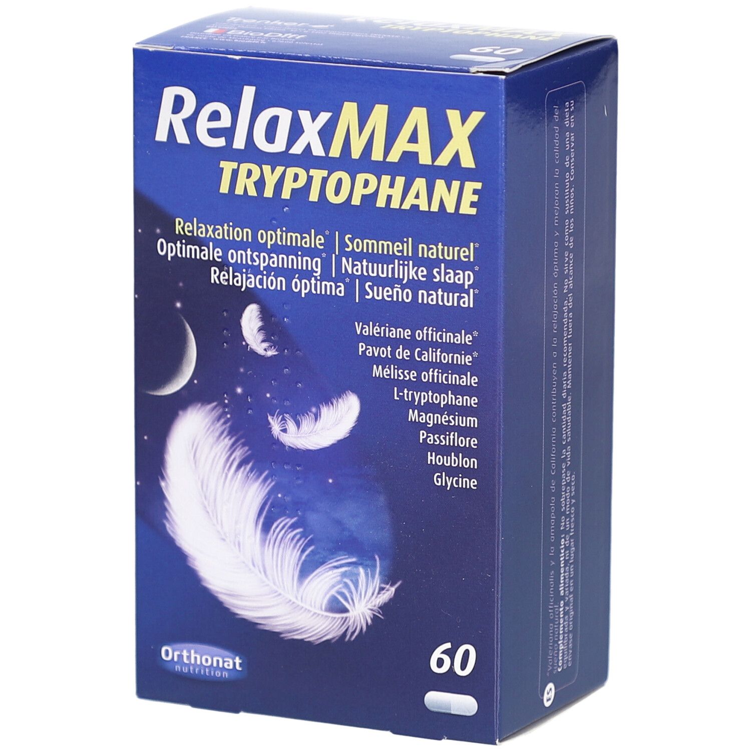 Blauwe doos 'RelaxMAX Tryptophane' en 'Orthonat Nutrition'. Bevat 60 capsules. Veer- en maanontwerp.