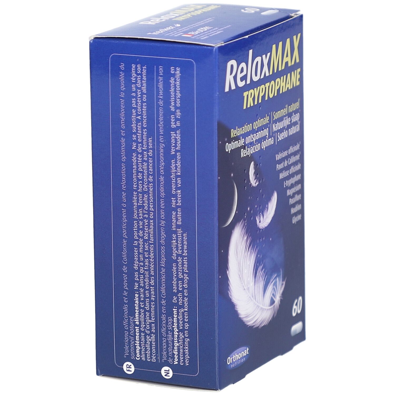 Blauwe doos 'RelaxMAX Tryptophane' met meertalige tekst. 'Orthonat Nutrition' logo. 60 capsules.
