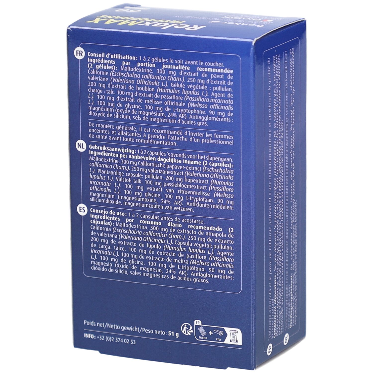 Achterkant van de blauwe doos 'RelaxMAX Tryptophane'. Meertalige tekst. Ingrediënten en dosering.
