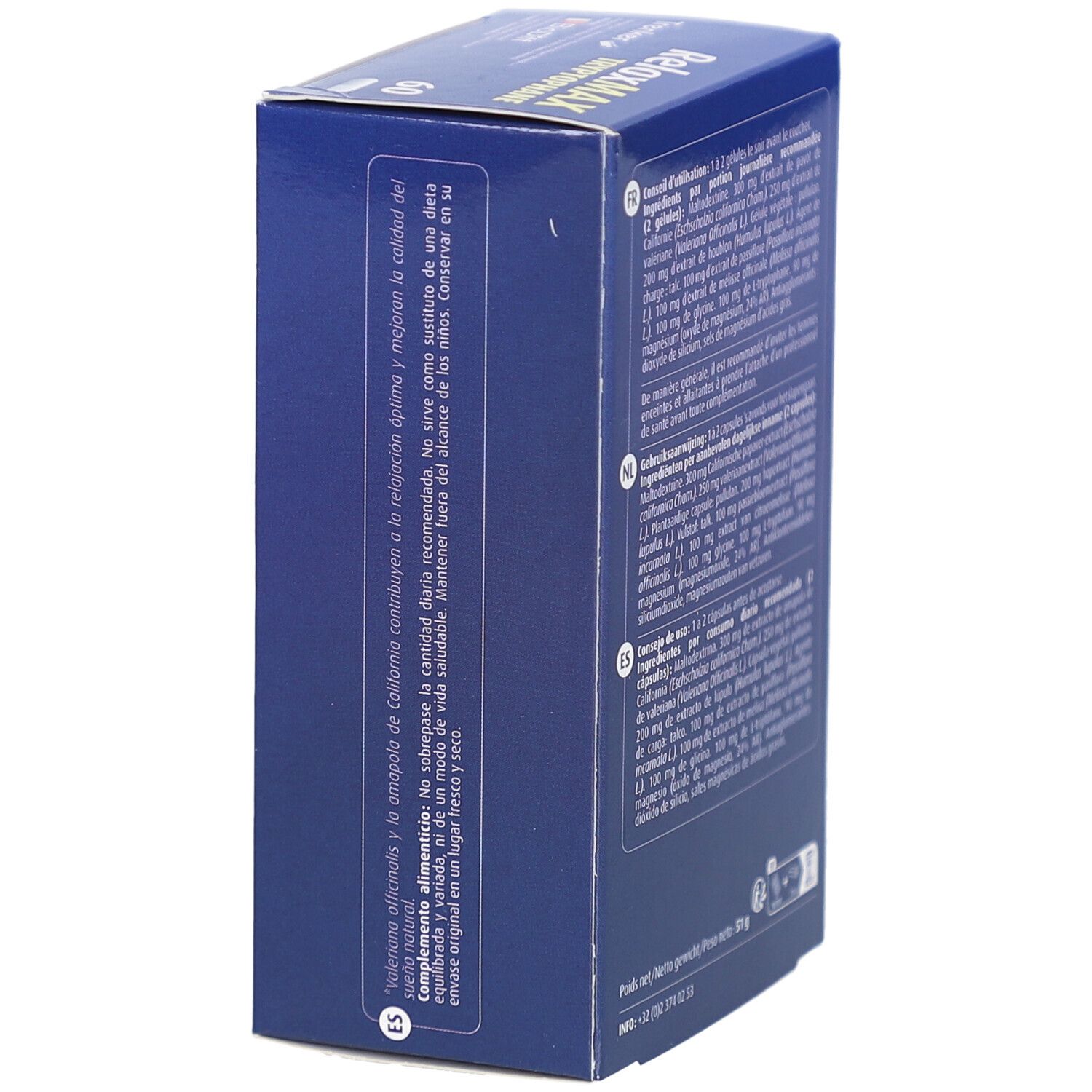 Blauwe doos 'RelaxMAX Tryptophane'. Meertalige tekst. Ingrediënten en advies.