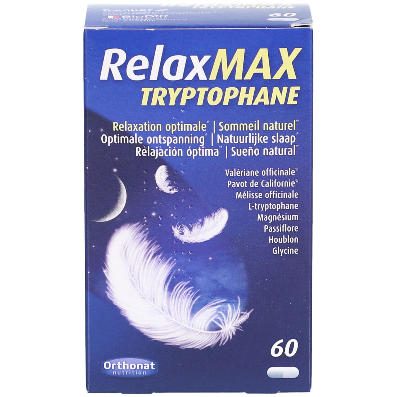 Blauwe doos 'RelaxMAX Tryptophane' met 60 capsules. Veer- en maanontwerp. 'Orthonat Nutrition' logo.