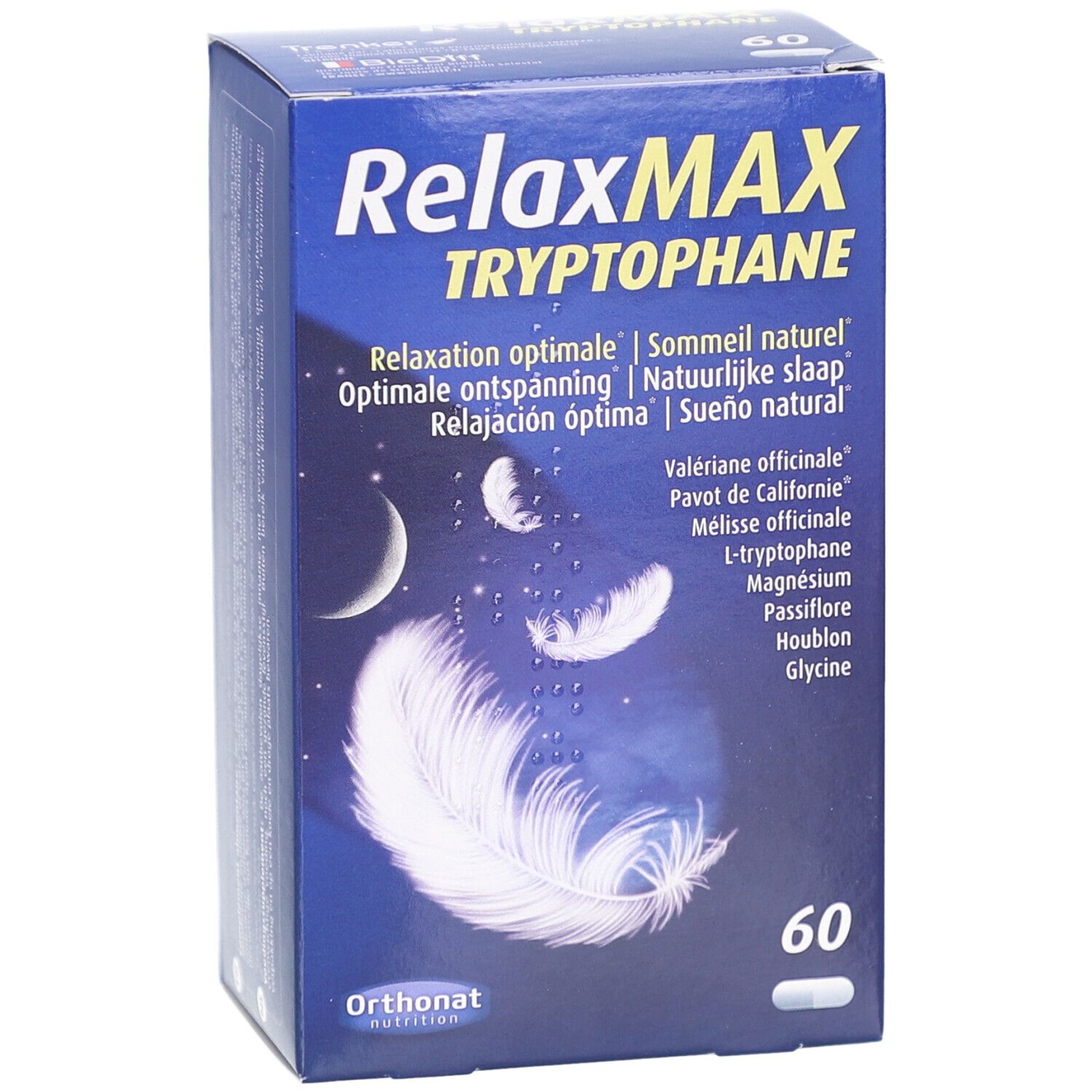 Blauwe doos 'RelaxMAX Tryptophane' met 60 capsules. Veer- en maanontwerp. 'Orthonat Nutrition' logo.