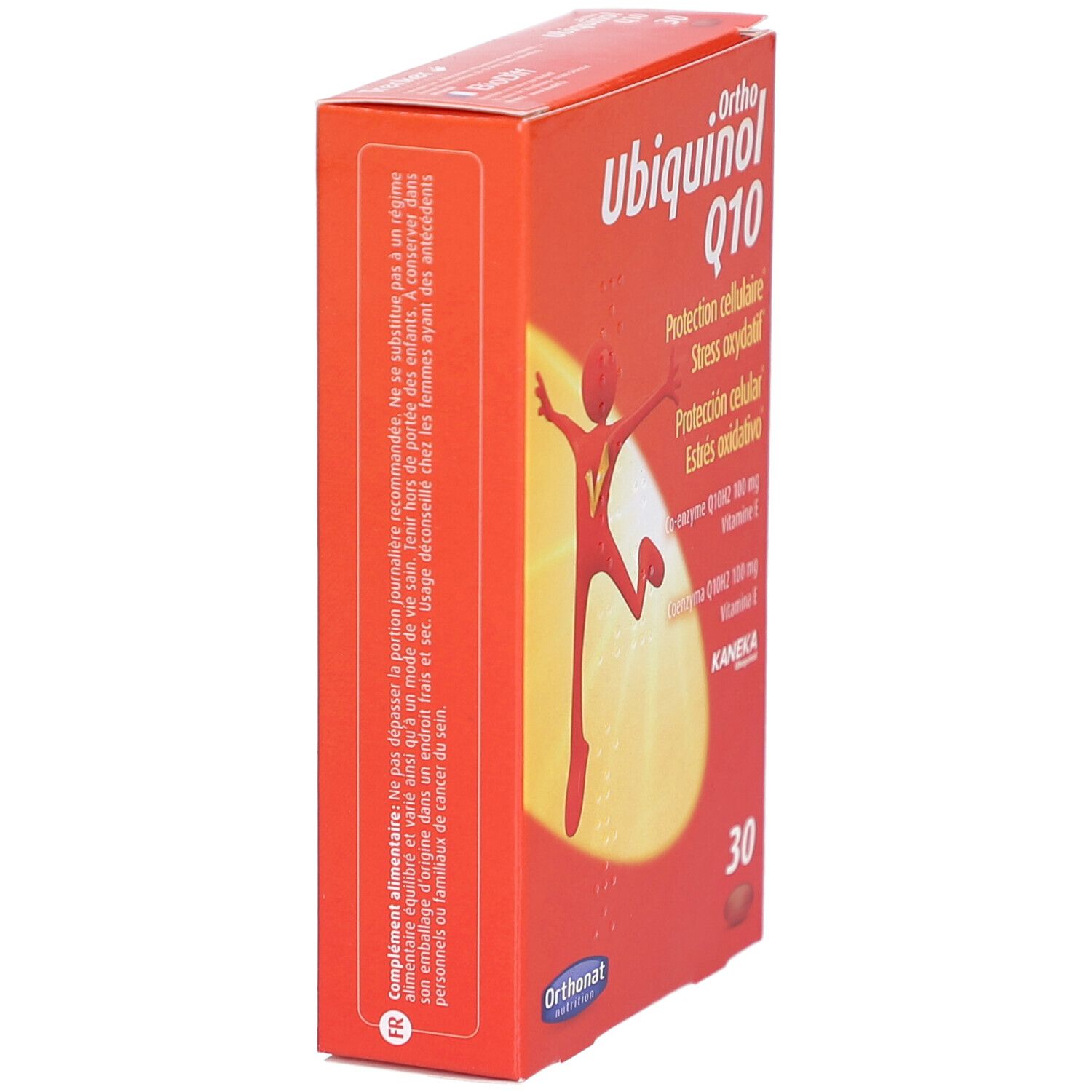 Boîte rouge Ubiquinol Q10. Texte: Protection cellulaire, stress oxydatif. 30 gélules. Orthonat Nutrition.
