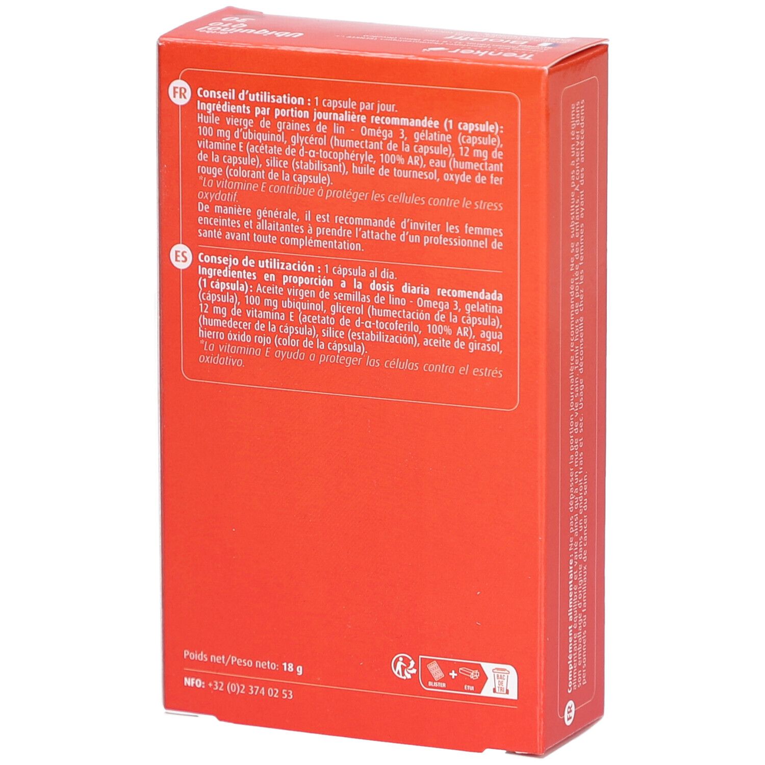 Dos de la boîte rouge. Texte en français et espagnol. Ingrédients et conseils d'utilisation.