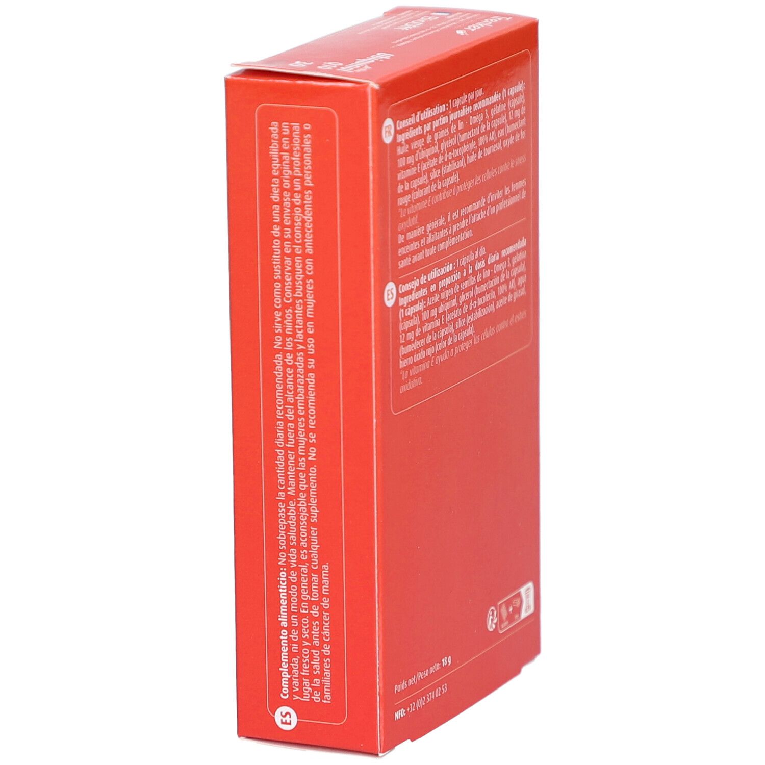 Côté de la boîte rouge. Texte en français et espagnol. Conseils d'utilisation et ingrédients.