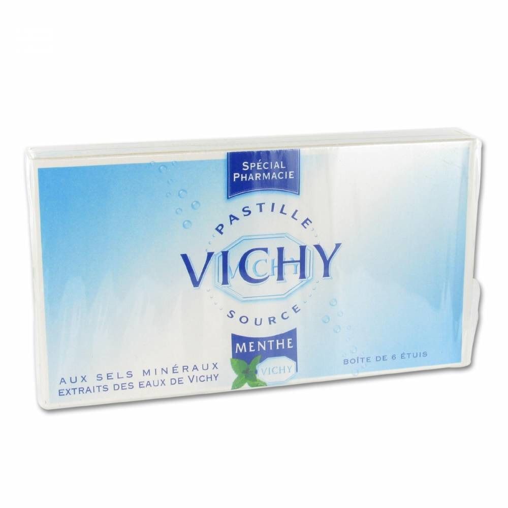 Verpakking met VICHY MENTHE pastilles. Blauw en wit ontwerp. Bevat minerale zouten.