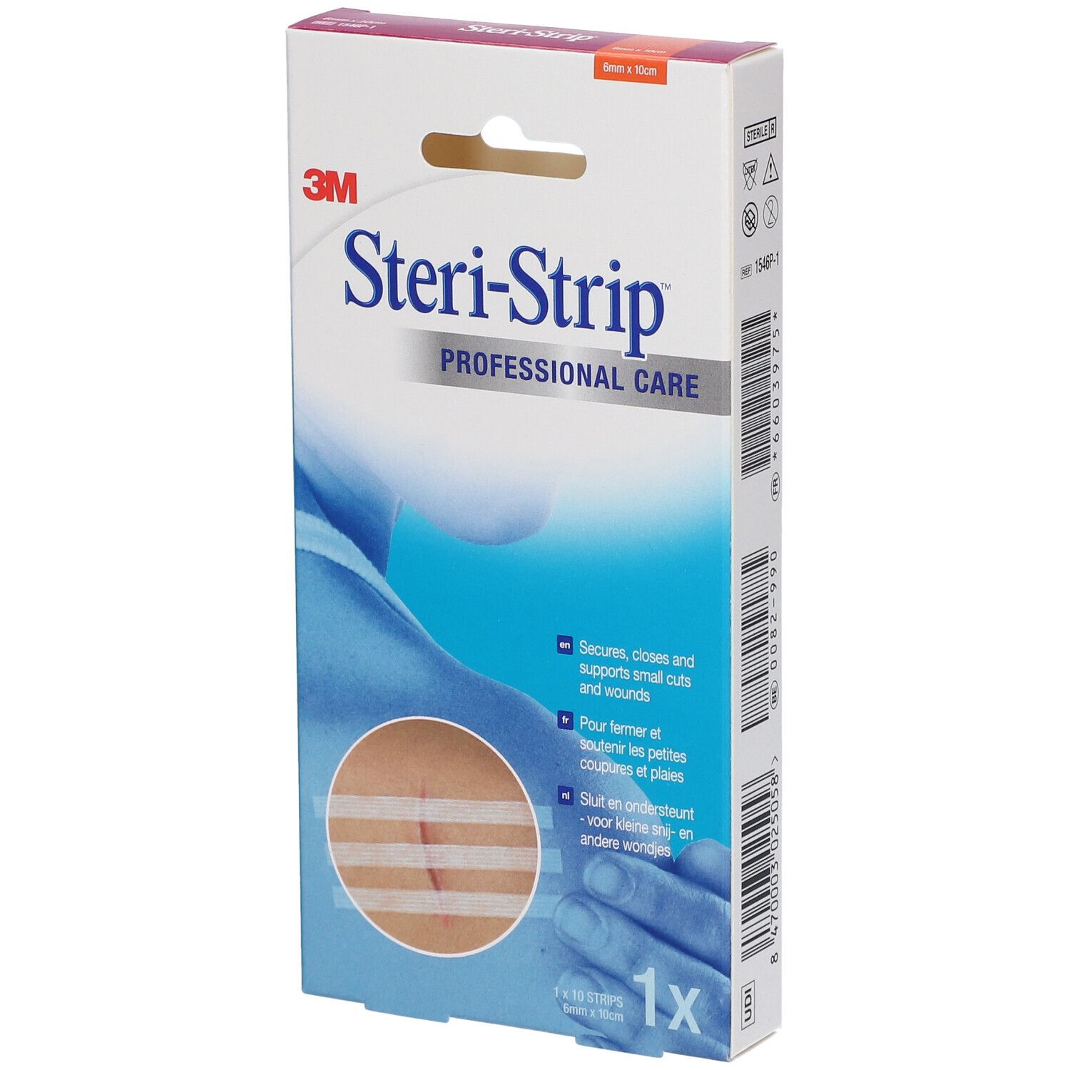 Verpakking van 3M Steri-Strip. Professionele wondsluitstrips. Afbeelding van een wond met strips op de verpakking.