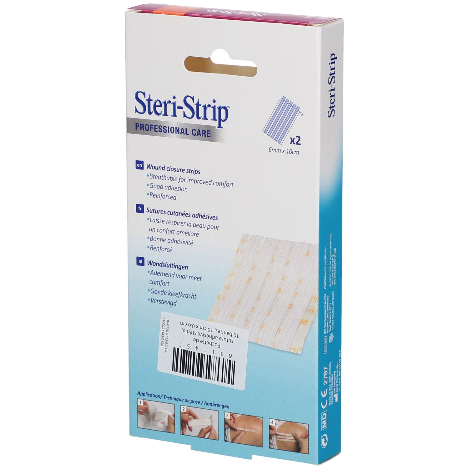 Achterkant van de 3M Steri-Strip verpakking. Wondsluitstrips. Productinformatie en voorbeelden van toepassing.