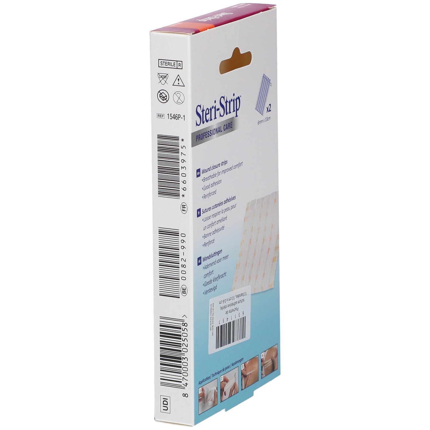 Achterkant van de 3M Steri-Strip verpakking. Wondsluitstrips. Productinformatie en voorbeelden van toepassing.