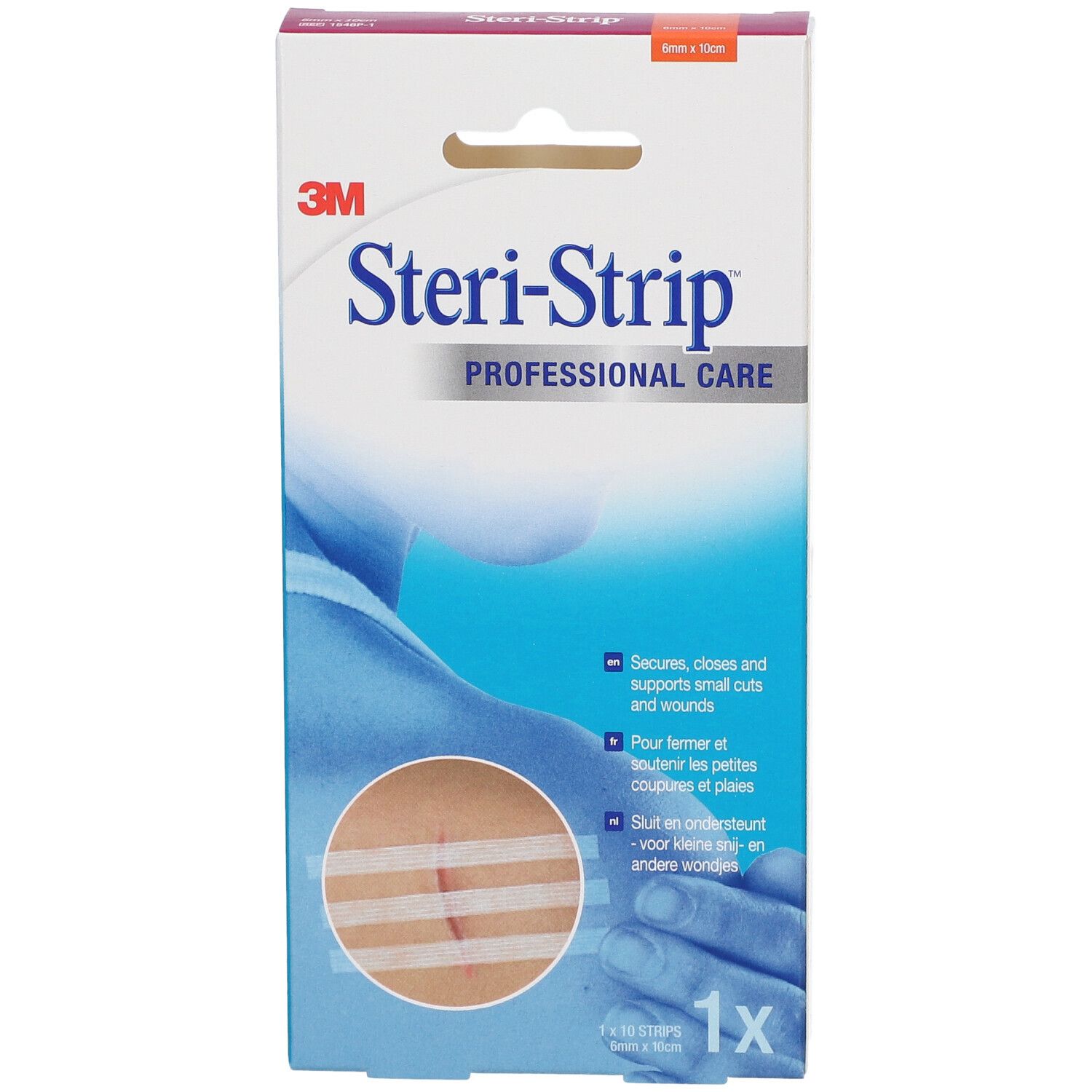 Verpakking van 3M Steri-Strip. Professionele wondsluitstrips. Afbeelding van een wond met strips op de verpakking.
