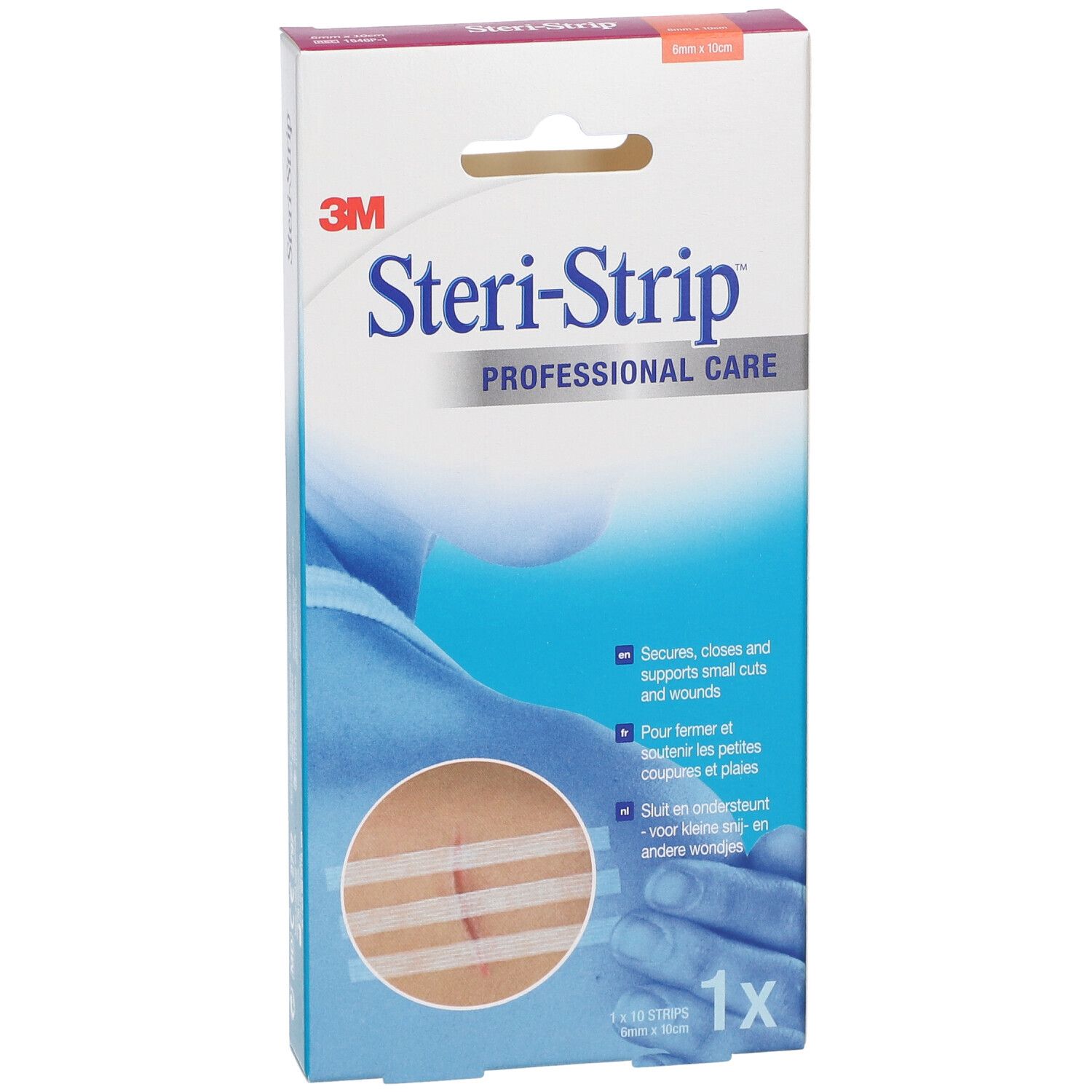Verpakking van 3M Steri-Strip. Professionele wondsluitstrips. Afbeelding van een wond met strips op de verpakking.