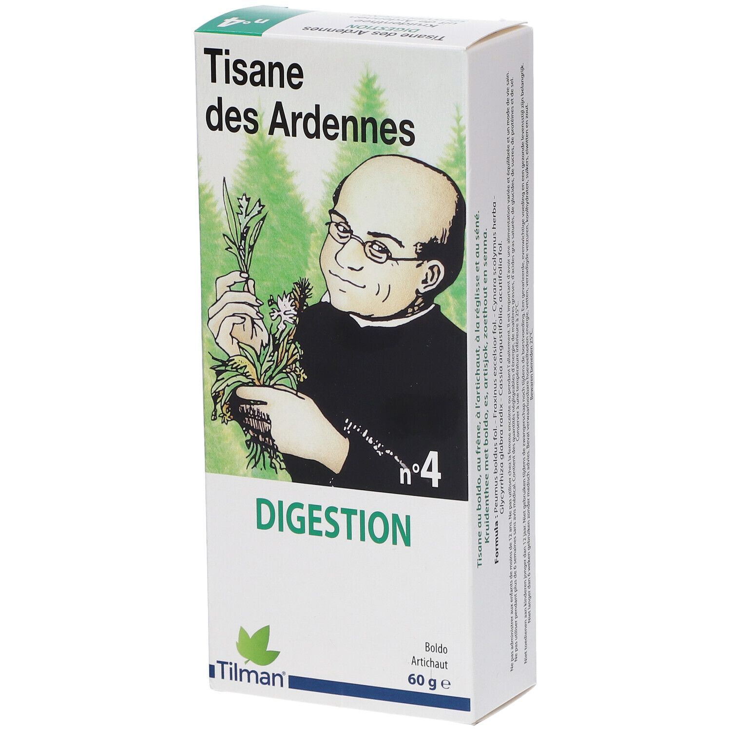 Doosje kruidenthee. Opschrift: Tisane des Ardennes, Digestion, nr. 4. Illustratie van een man met kruiden. Merk: Tilman.