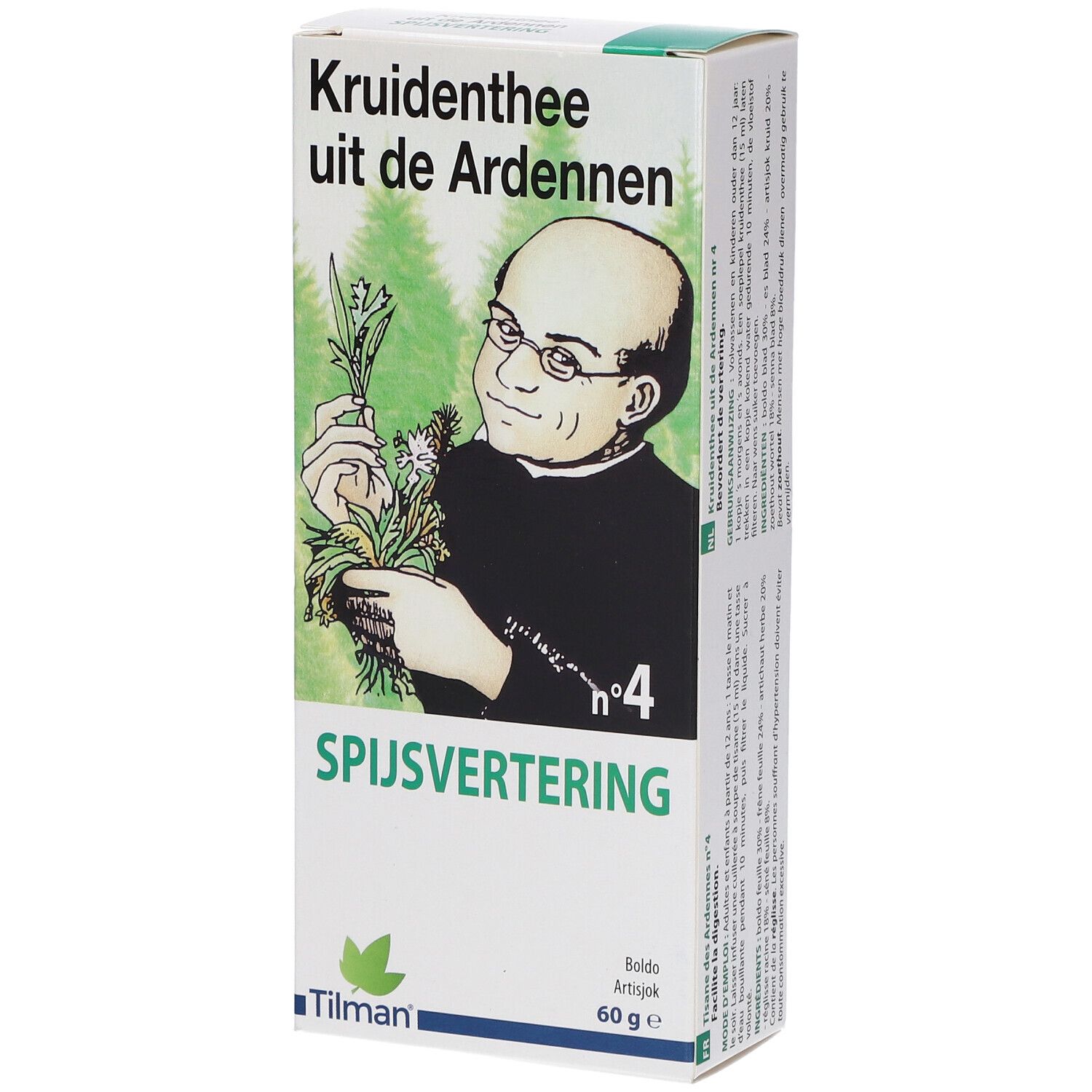 Doosje kruidenthee. Opschrift: Kruidenthee uit de Ardennen, Spijsvertering, nr. 4. Illustratie van een man met kruiden. Merk: Tilman.