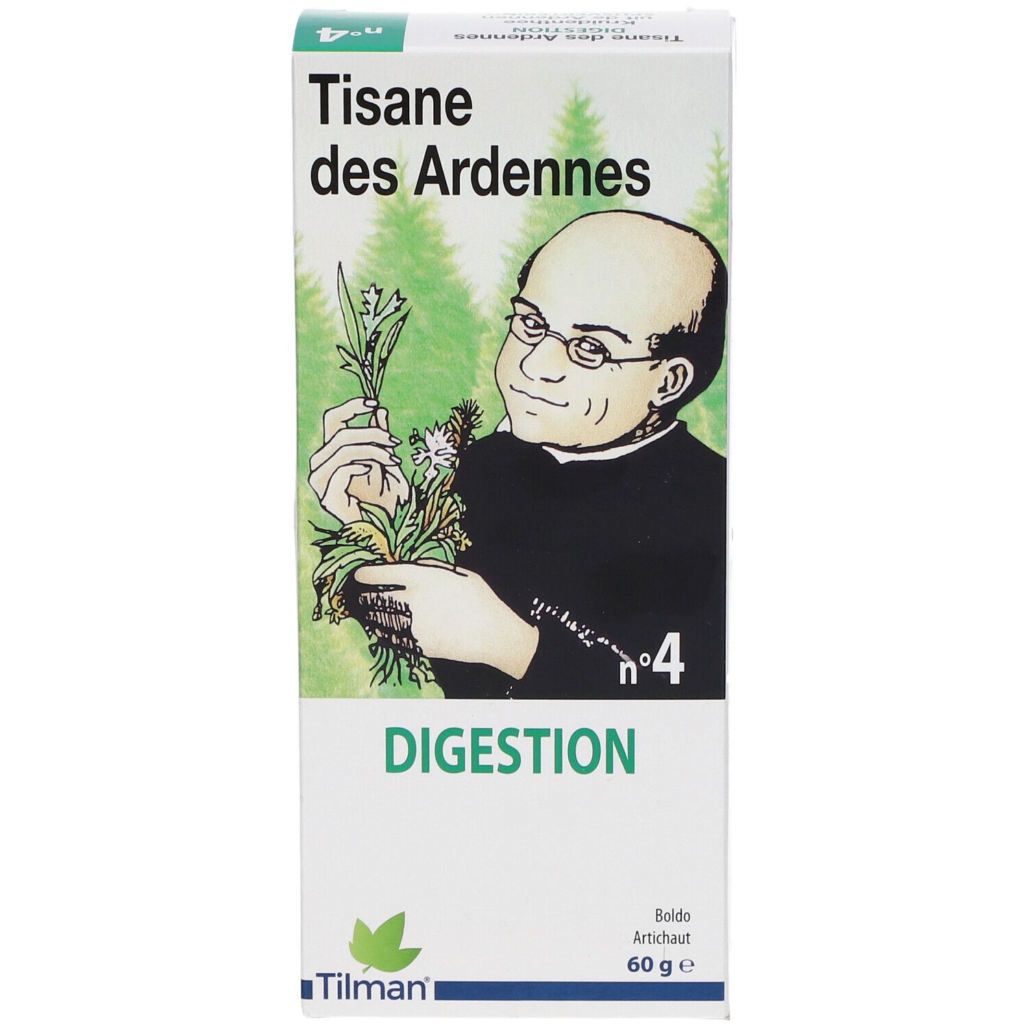 Doosje kruidenthee. Opschrift: Tisane des Ardennes, Digestion, nr. 4. Illustratie van een man met kruiden. Merk: Tilman.
