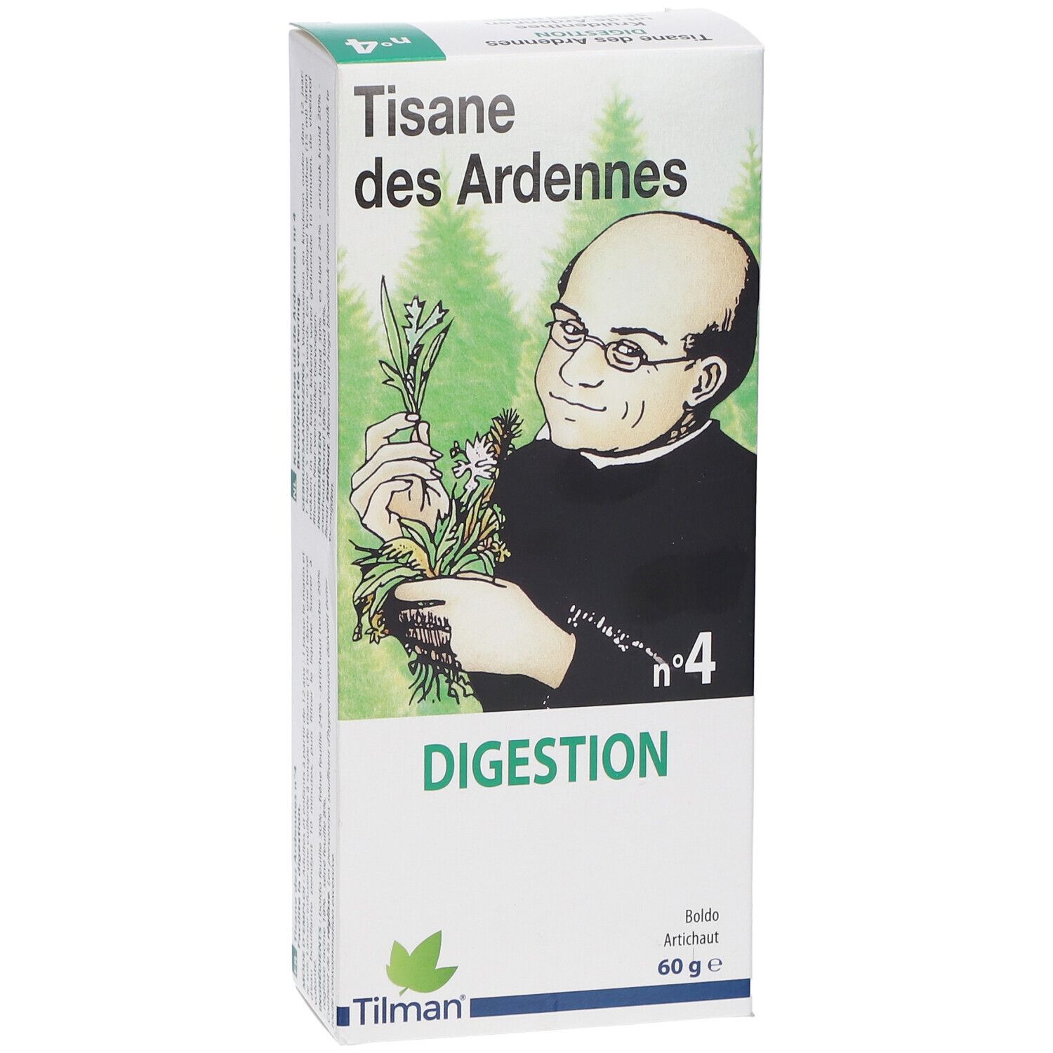 Doosje kruidenthee. Opschrift: Tisane des Ardennes, Digestion, nr. 4. Illustratie van een man met kruiden. Merk: Tilman.