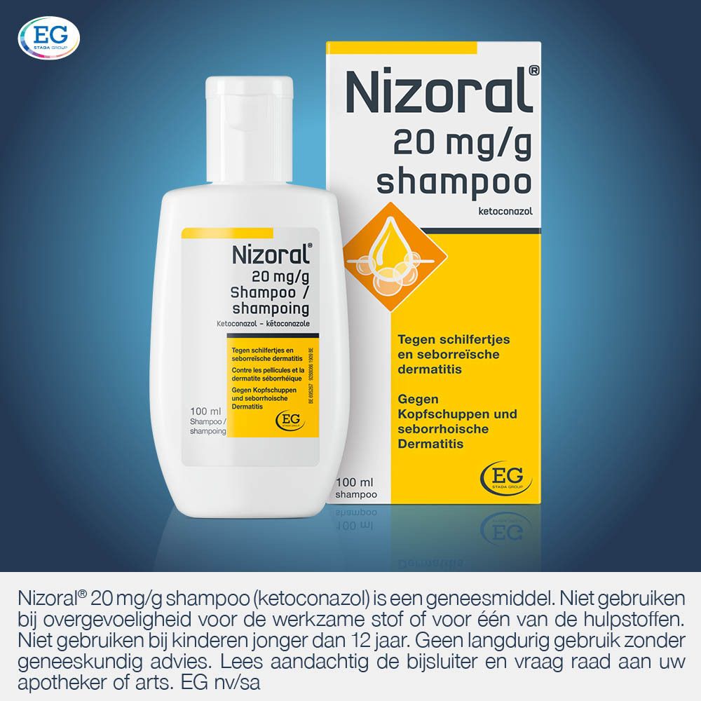 Nizoral Shampooing Anti-Pelliculaire, fles en doos. Tekst en logo. 100 ml.
