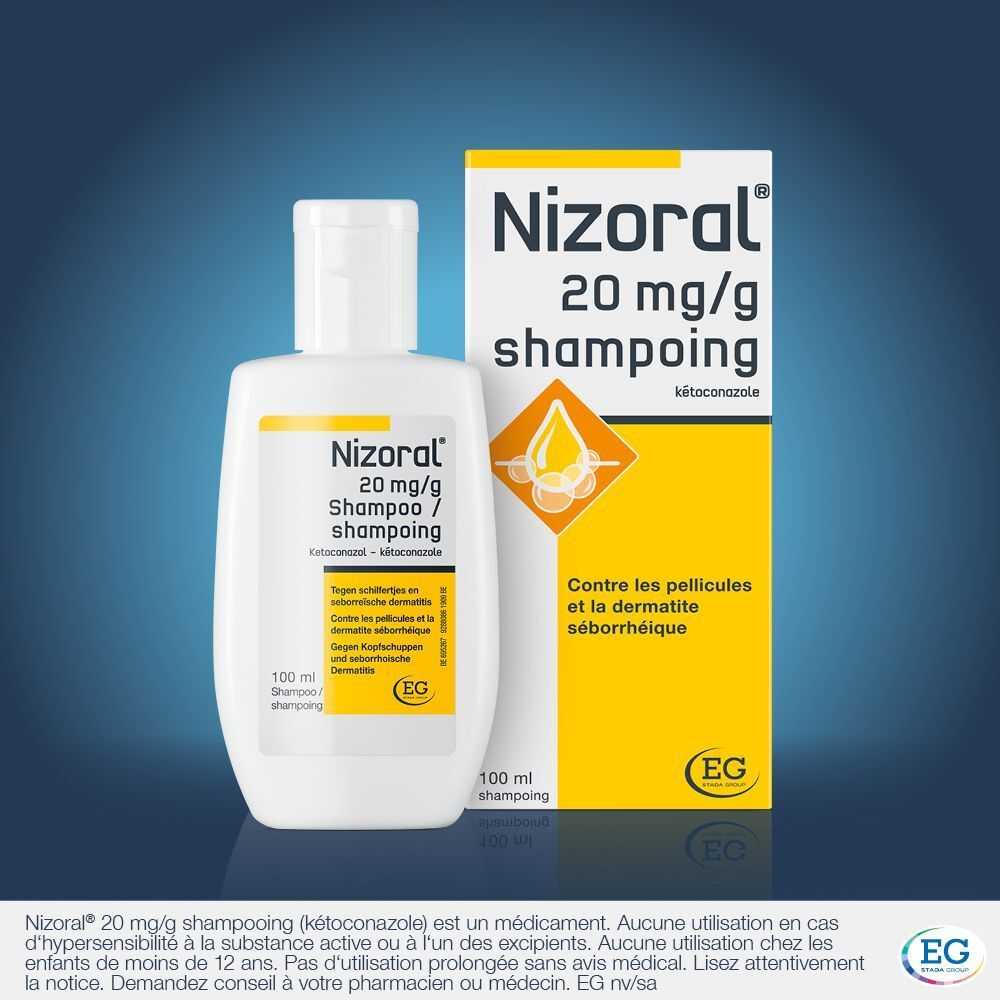 Flacon de shampooing blanc. Texte: Nizoral 20 mg/g Shampooing. Contre les pellicules et la dermatite séborrhéique.
